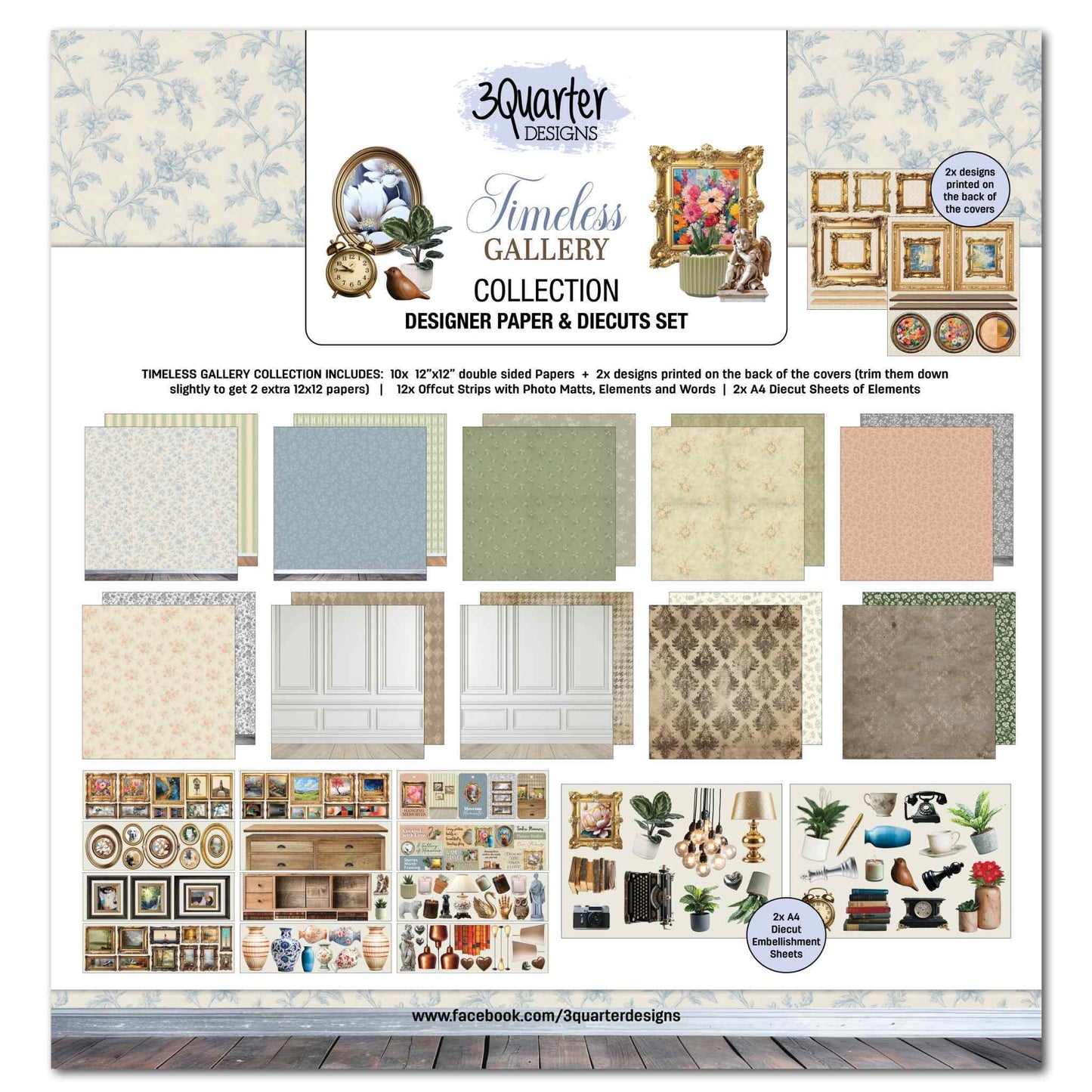Timeless Gallery 12x12 Scrapbook Collection Kit by 3Quarter Designs — front cover showing all papers, offcut strips and 2x A4 die-cut embellishment sheets with home décor elements