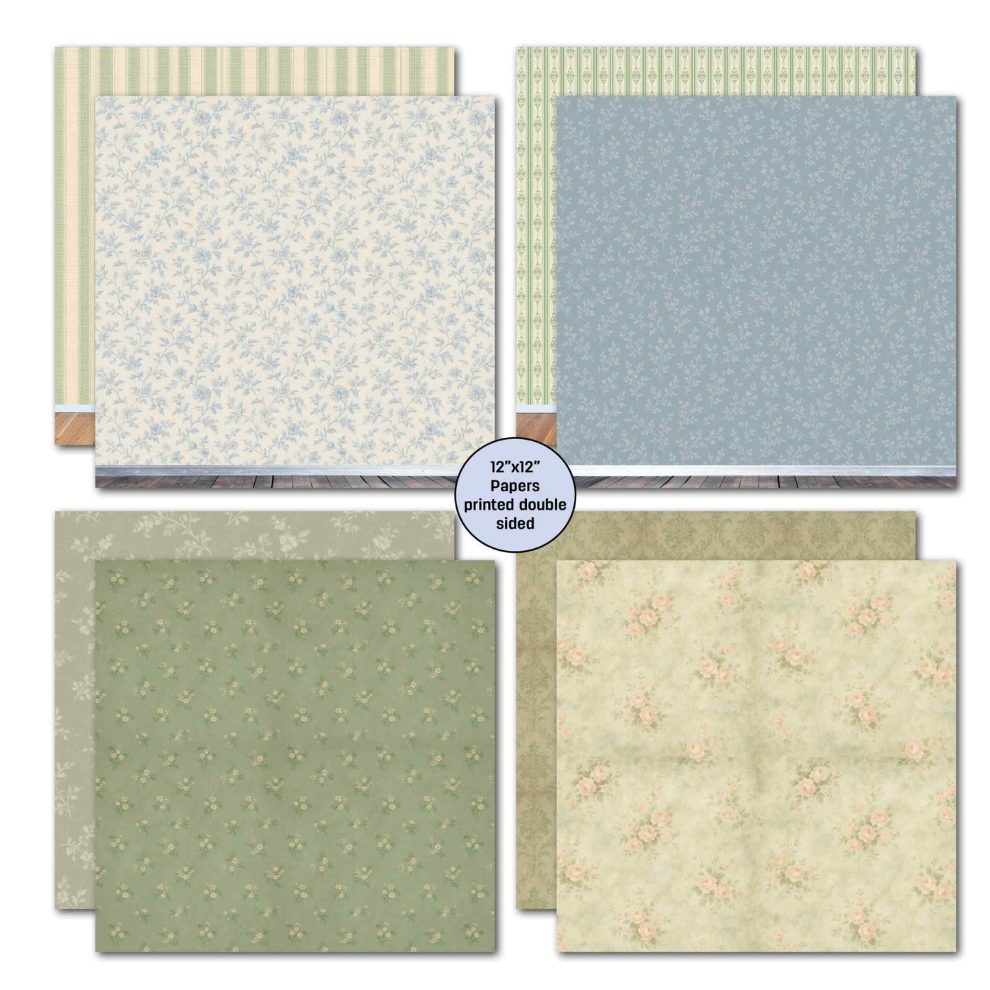 Timeless Gallery 12x12 double-sided papers — cream and blue floral wallpaper with sage green stripe back, dusty blue tonal floral with border stripe back, sage green tonal florals, and warm cream with tonal rose