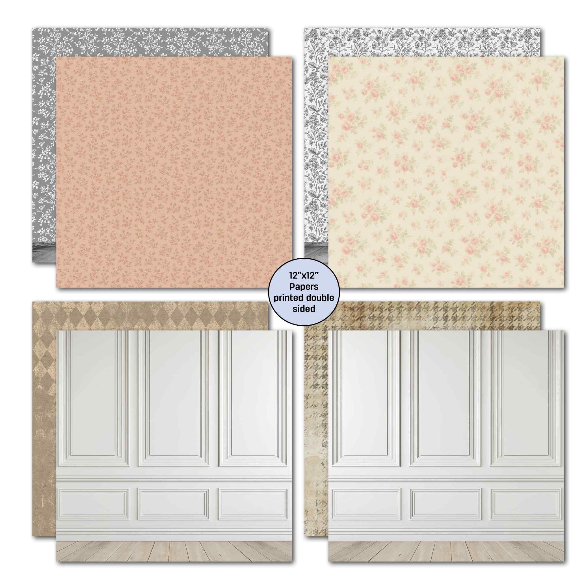Timeless Gallery 12x12 double-sided papers — blush terracotta with grey floral border, cream with pink tonal floral, gold diamond harlequin with white panelled wall and timber floor back, taupe houndstooth with white panelled wall back