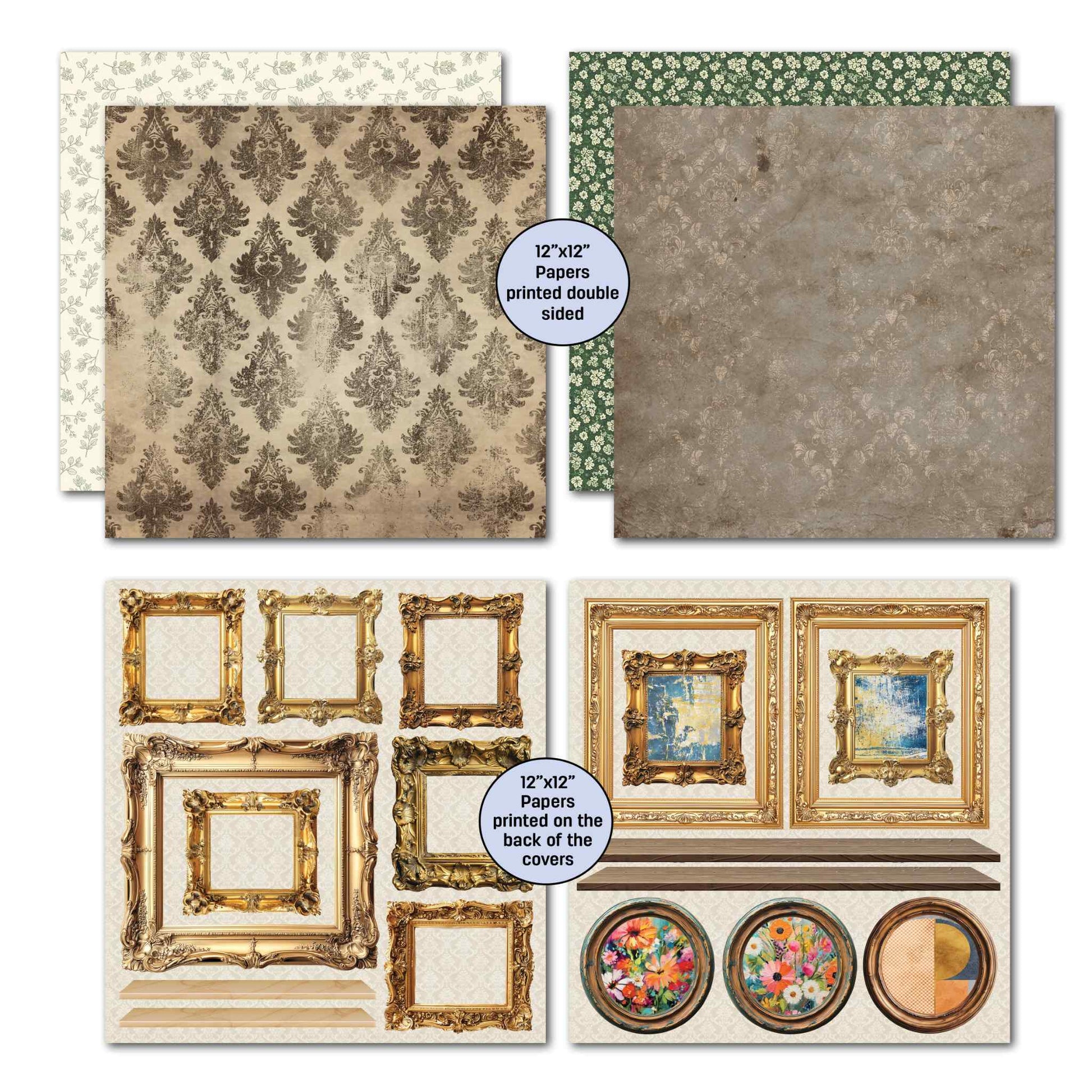 Timeless Gallery 12x12 papers — gold and taupe damask with cream floral back, concrete plaster texture with dark green floral back; bonus cover backs showing ornate gold baroque frames sheet and gold frames with paintings plus round frames and timber shelf