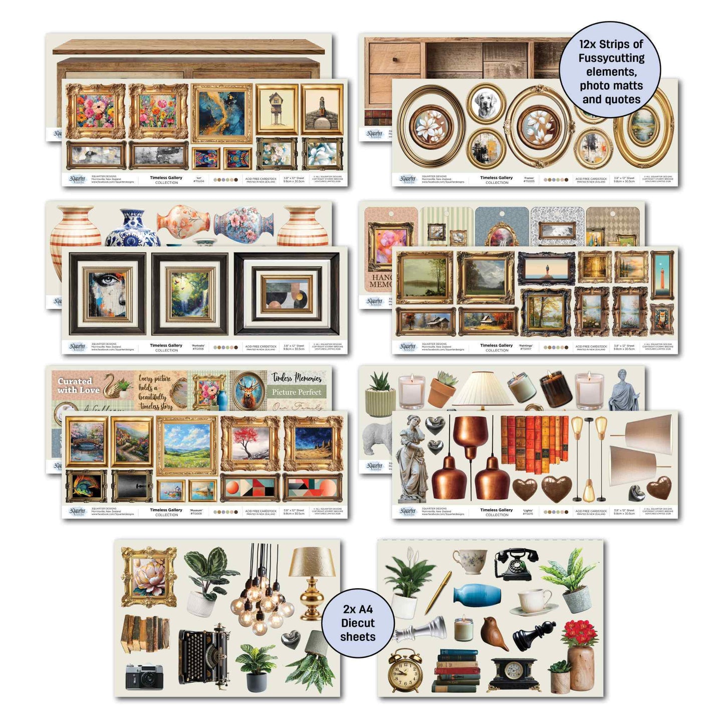Timeless Gallery offcut strips with framed artworks, vases, furniture, sentiments and photo mats; 2x A4 die-cut sheets with home décor elements including plants, typewriter, camera, books, statue, lamps, clock and more