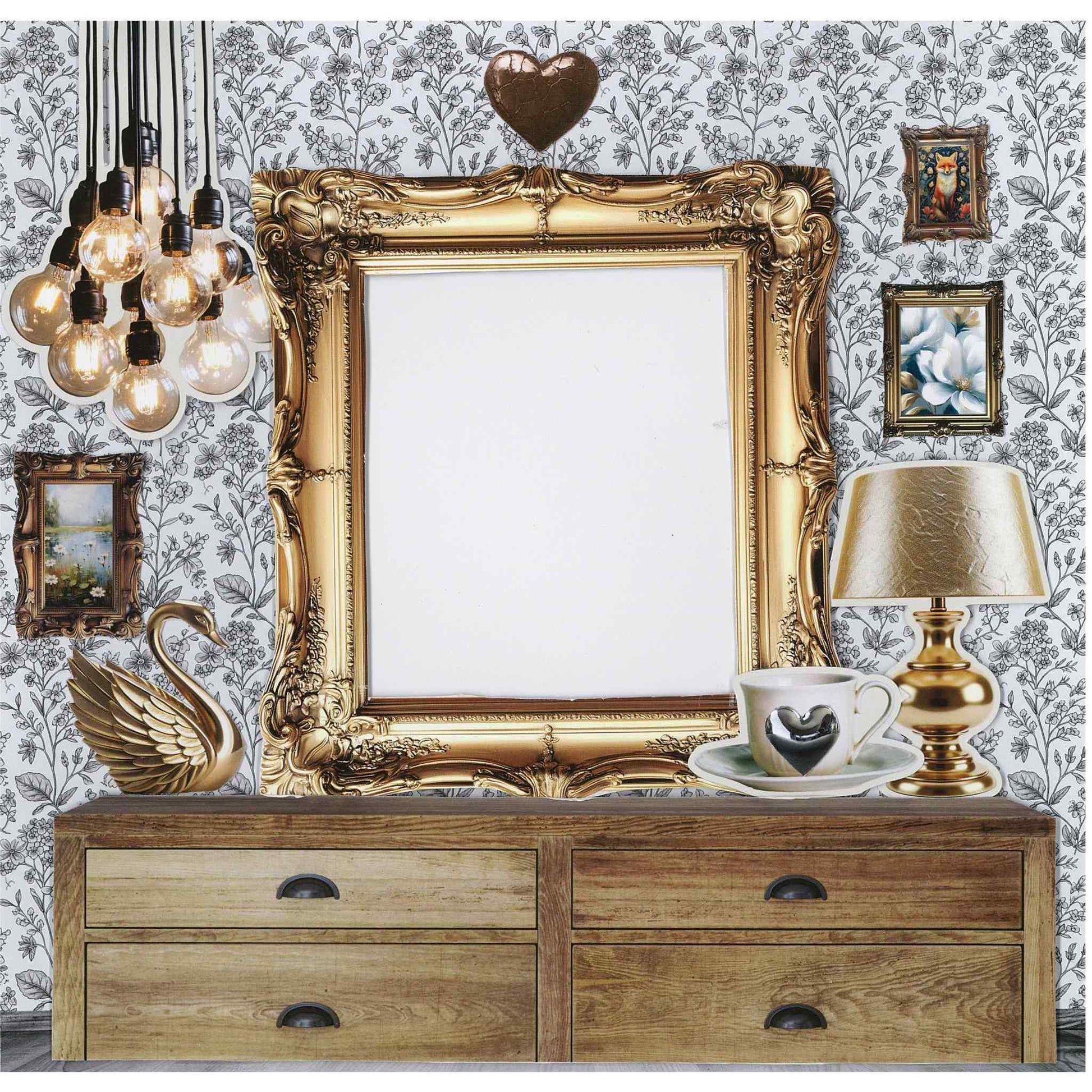 Timeless Gallery sample layout — large ornate gold baroque frame on cream and blue floral wallpaper paper, with timber sideboard, gold swan, gold table lamp, teacup, copper pendant lights, bronze heart sculpture and small framed paintings