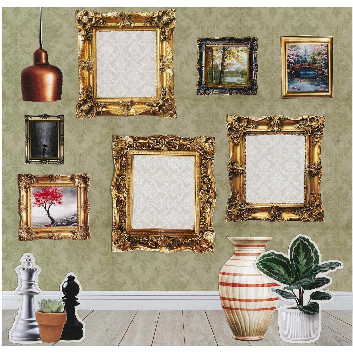Timeless Gallery sample layout — gallery wall on sage green damask paper with multiple ornate gold baroque frames, framed landscape and floral paintings, copper pendant light, chess pieces, striped vase and potted plants on timber floor