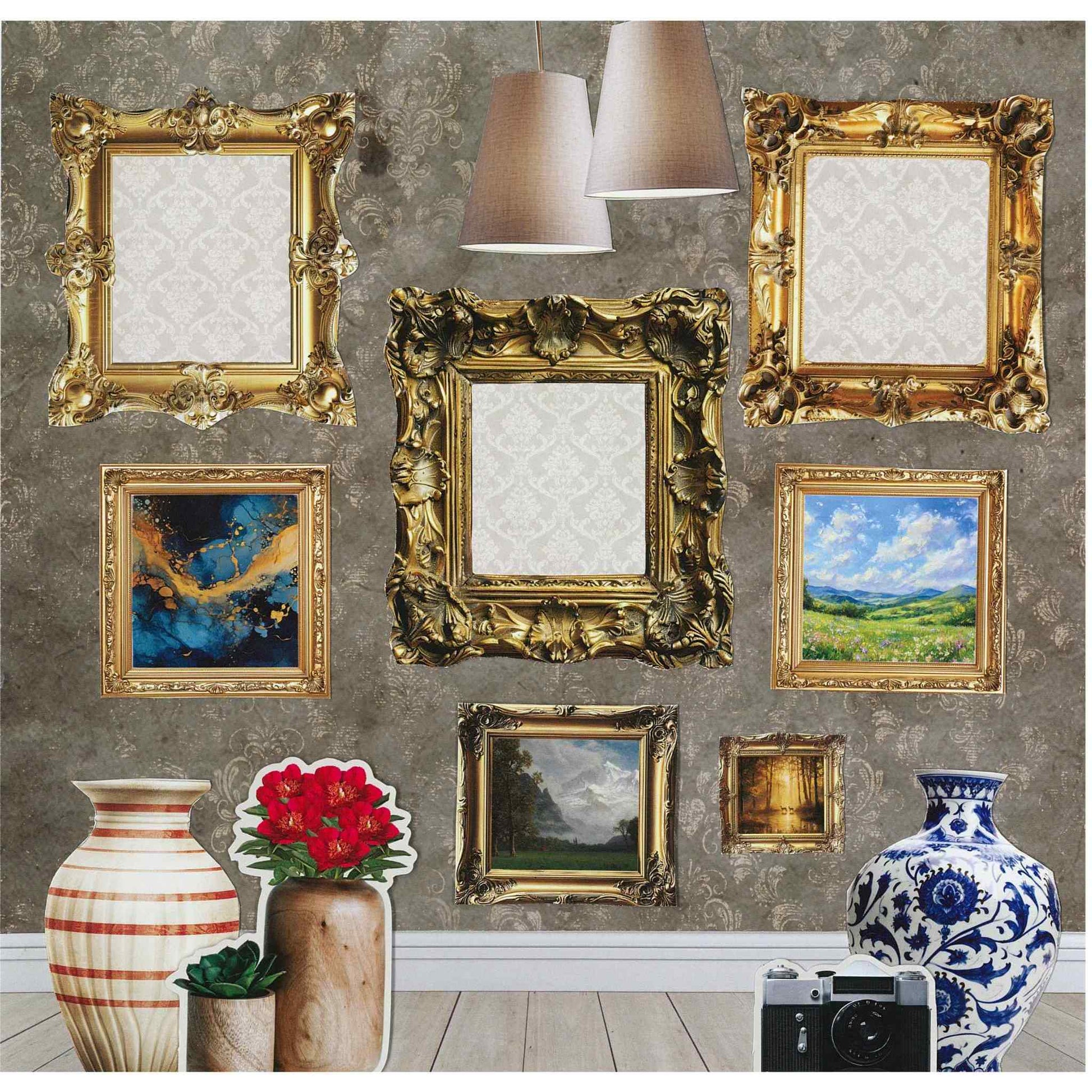 Timeless Gallery sample layout — gallery wall on grey and gold damask paper with ornate gold baroque frames, abstract blue and gold painting, landscape painting, mountain scene, pendant lamps, striped vase, red floral vase and blue and white chinoiserie vase with vintage film camera