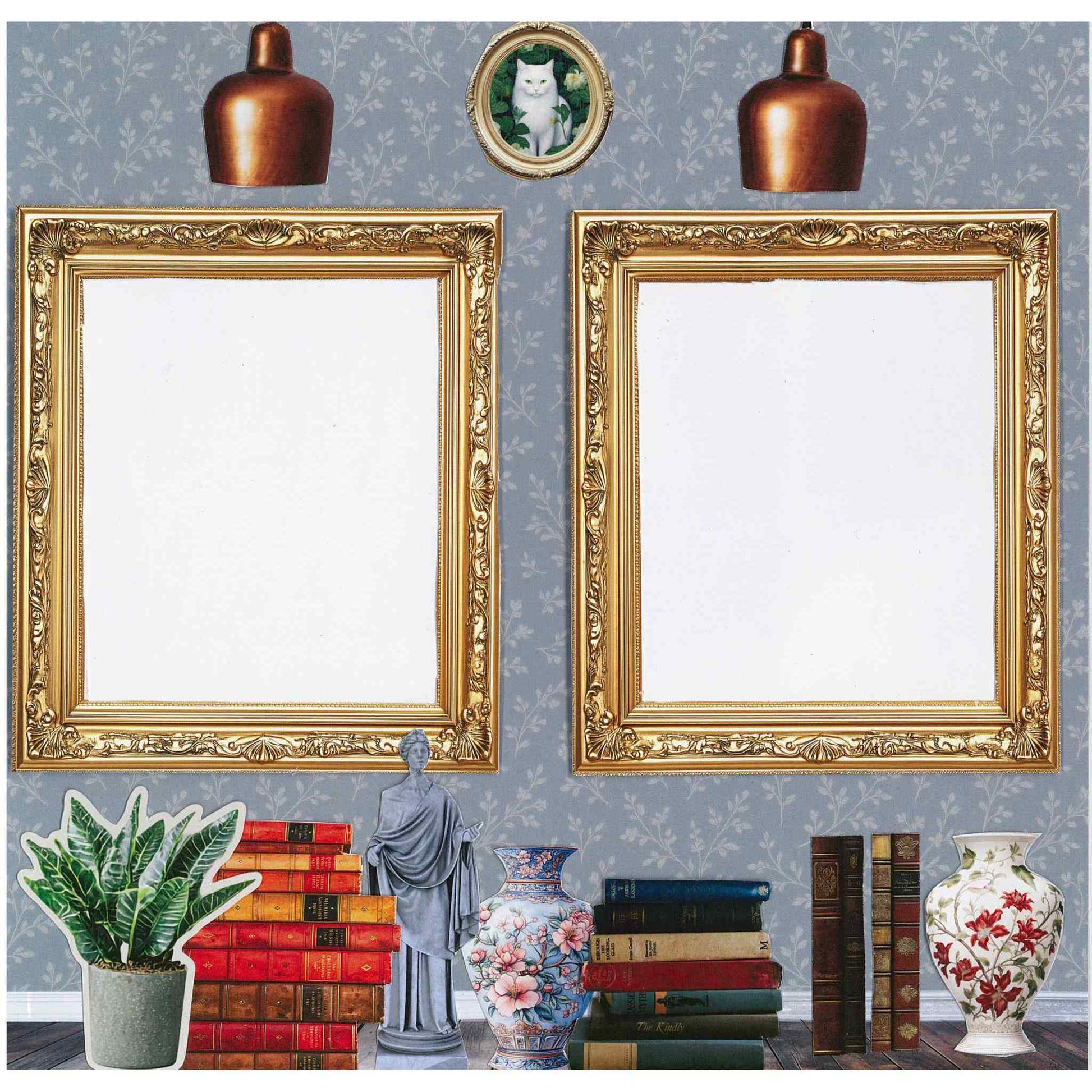 Timeless Gallery sample layout — two large ornate gold frames on dusty blue floral wallpaper paper, with copper pendant lights, oval portrait frame with white cat, classical statue, stacked leather-bound books, potted plant, chinoiserie vase and floral vase