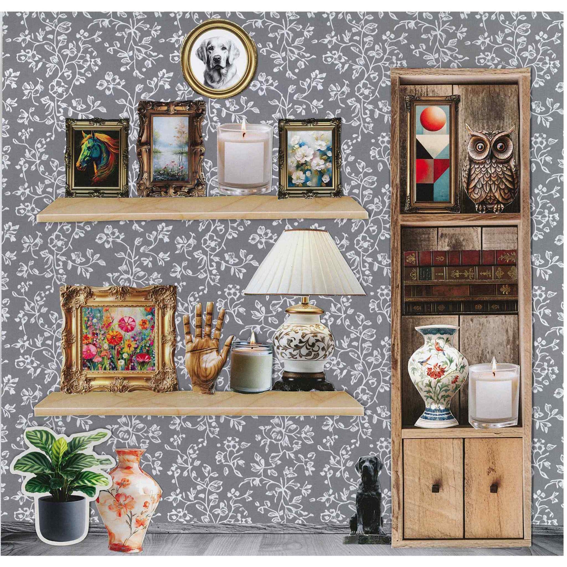 Timeless Gallery sample layout — shelving vignette on dark grey floral wallpaper paper with framed paintings of horse, landscape and florals, candles, table lamp, wooden hand sculpture, owl figurine, rustic bookcase with books and vase, potted plant and black dog figurine