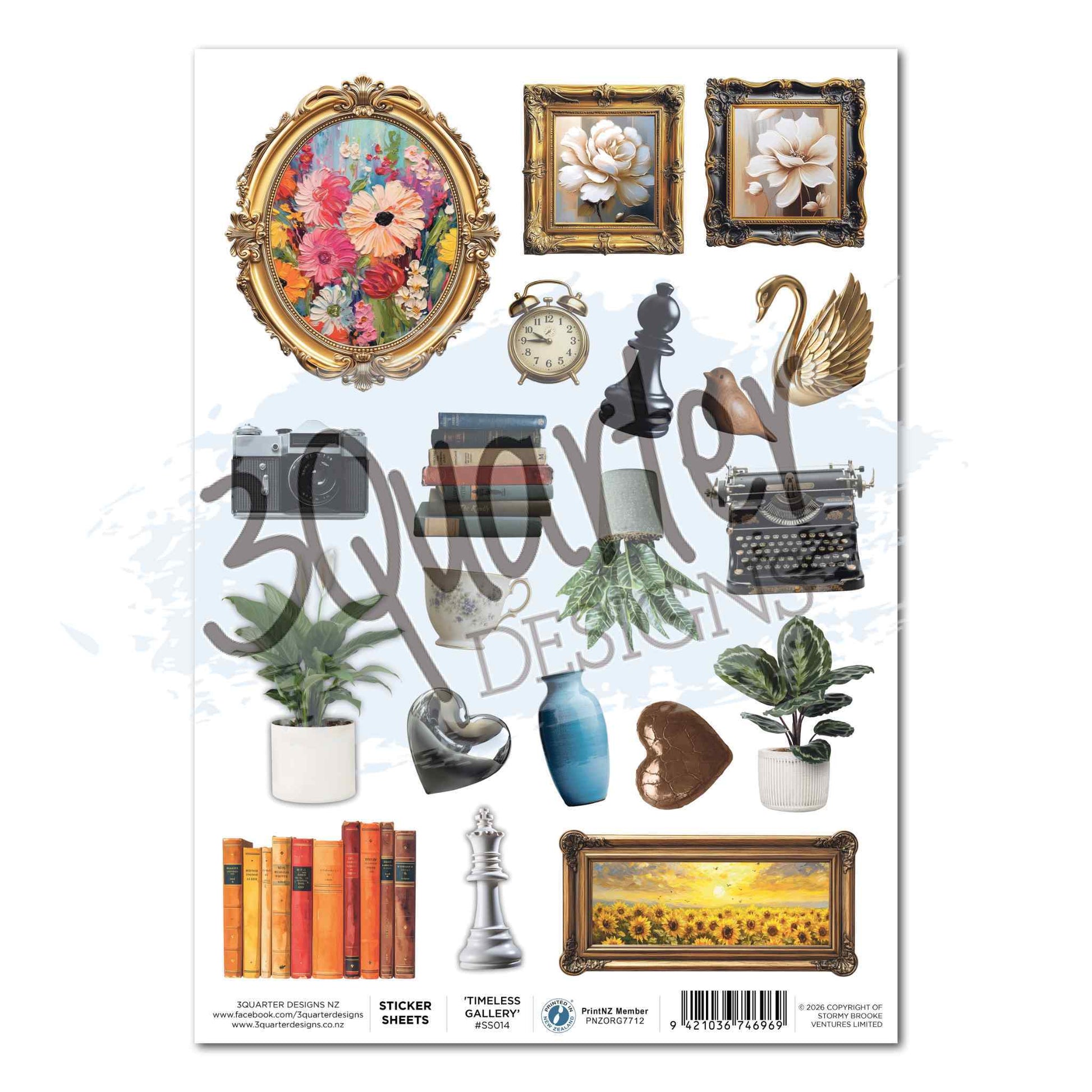 Timeless Gallery A4 Sticker Sheet by 3Quarter Designs — matte sticker sheet with ornate gold frames with floral and sunflower paintings, vintage clock, chess pieces, gold swan, film camera, typewriter, stacked books, potted plants, fiddle leaf fig, blue vase and sculptural heart ornaments