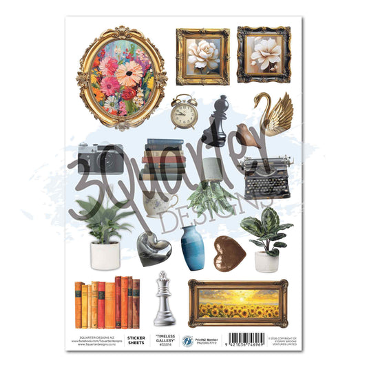 Timeless Gallery A4 Sticker Sheet by 3Quarter Designs — matte sticker sheet with ornate gold frames with floral and sunflower paintings, vintage clock, chess pieces, gold swan, film camera, typewriter, stacked books, potted plants, fiddle leaf fig, blue vase and sculptural heart ornaments