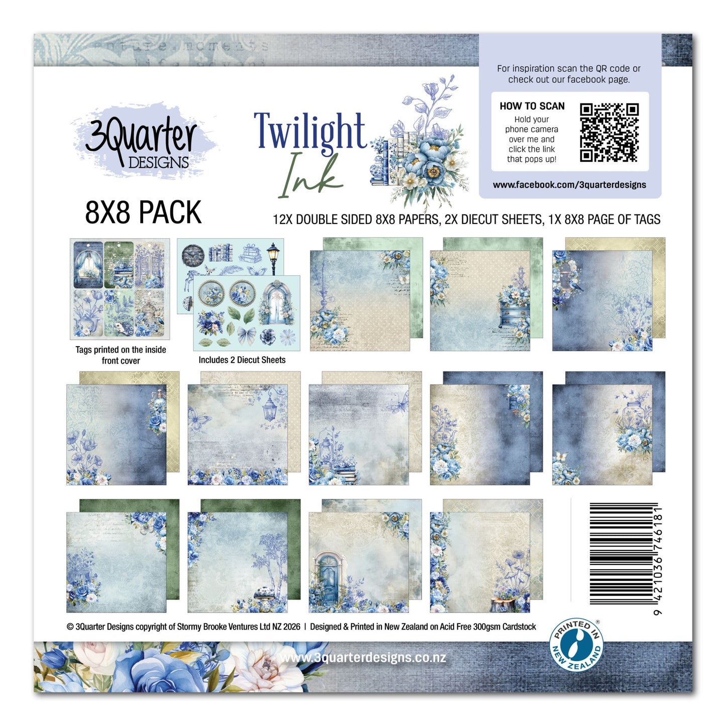 Twilight Ink 8x8 Paper Pack by 3Quarter Designs — cover showing 12 double-sided papers, 2 die-cut sheets, and 6 tags printed on inside front cover in blue ink-wash with hand-drawn florals