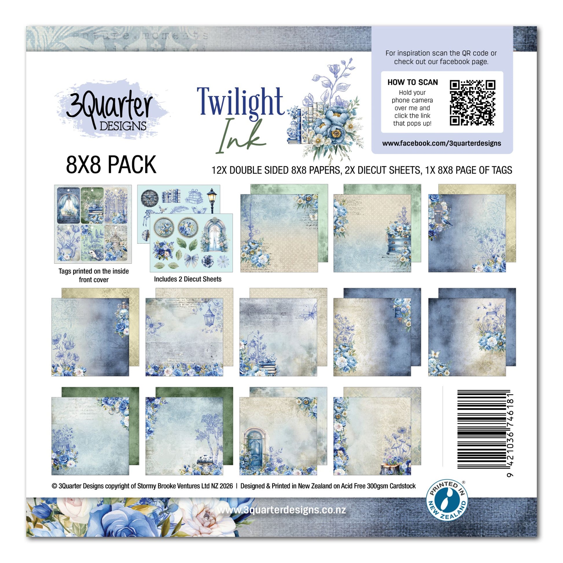 Twilight Ink 8x8 Paper Pack by 3Quarter Designs — cover showing 12 double-sided papers, 2 die-cut sheets, and 6 tags printed on inside front cover in blue ink-wash with hand-drawn florals