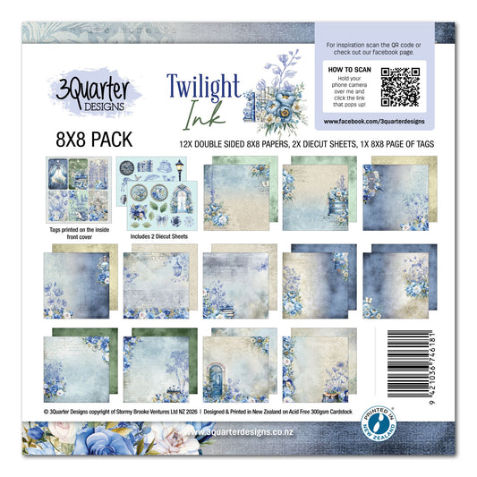 Twilight Ink 8x8 Paper Pack by 3Quarter Designs — cover showing 12 double-sided papers, 2 die-cut sheets, and 6 tags printed on inside front cover in blue ink-wash with hand-drawn florals