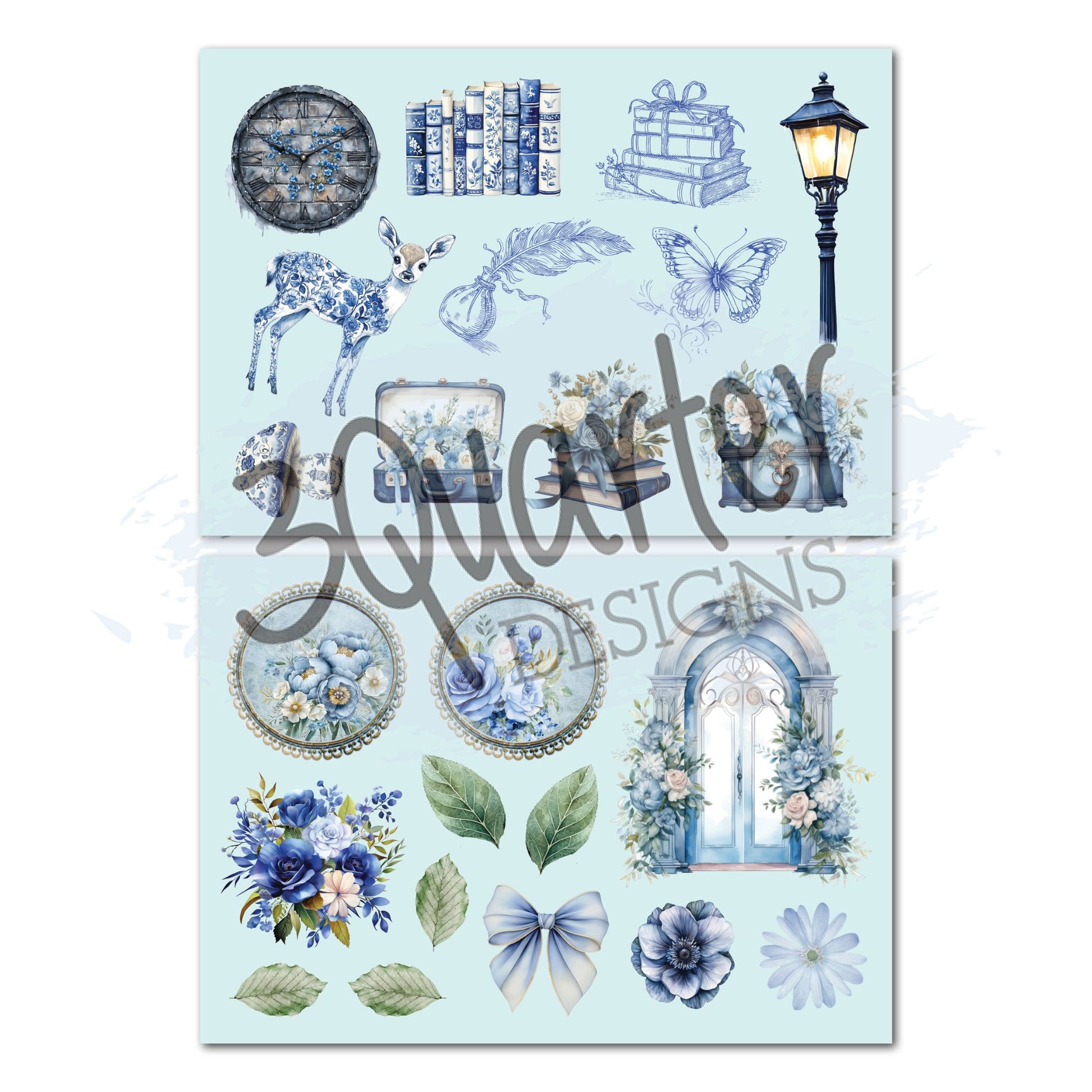Twilight Ink die-cut sheets by 3Quarter Designs — two sheets on pale blue backgrounds featuring floral deer, vintage clock, stacked books, street lantern, feather quill, butterfly, suitcase, pearl-framed floral cameos, arched doorway, blue rose bouquet, leaves, bow, anemone, and daisy