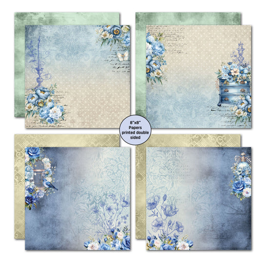 Twilight Ink double-sided 8x8 papers by 3Quarter Designs — soft blue and sage green ink-washed backgrounds with hand-drawn candlestick, blue peonies, roses, ornate dresser, and polka dot backgrounds