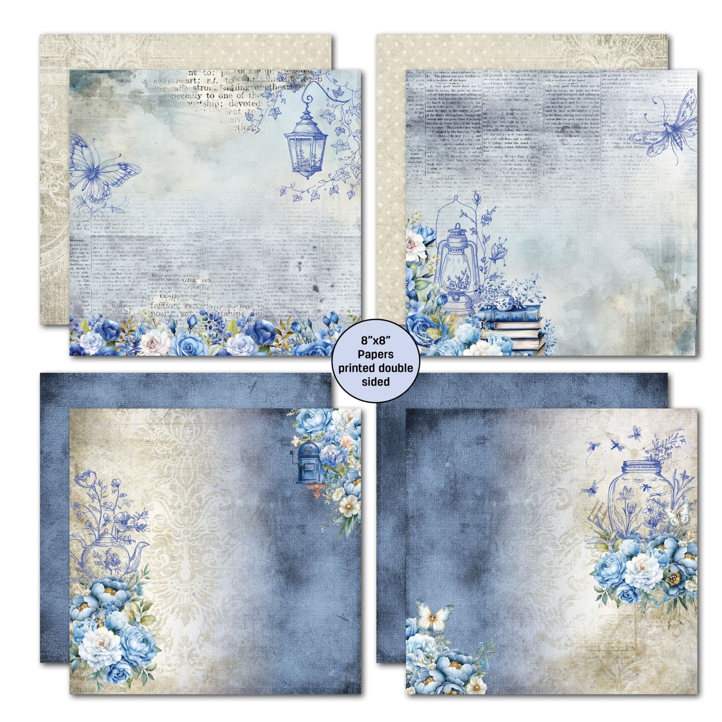 Twilight Ink double-sided 8x8 papers by 3Quarter Designs — moody blue and cream ink-washed backgrounds with hand-drawn street lantern, vintage text overlays, blue roses, and butterfly line drawings