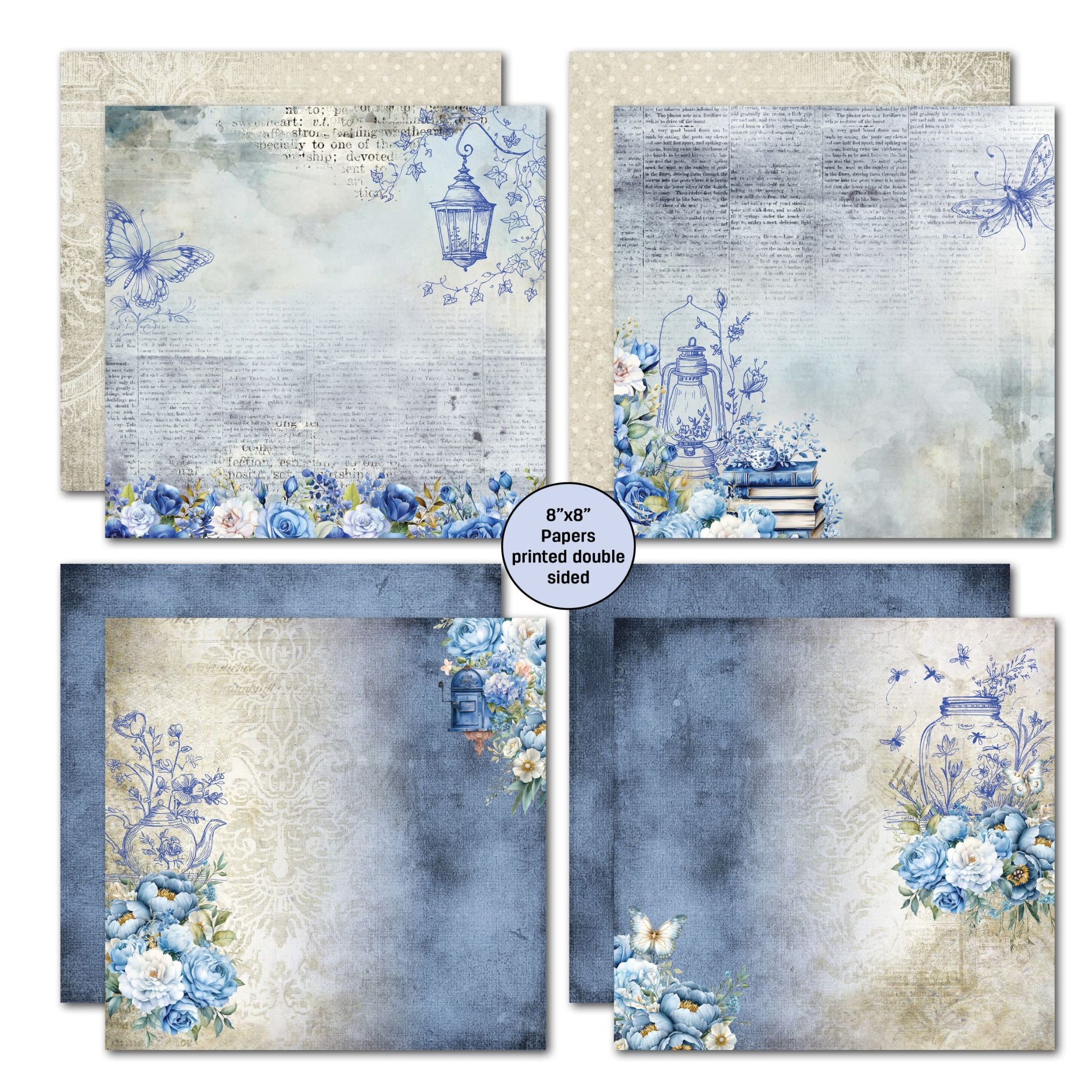 Twilight Ink double-sided 8x8 papers by 3Quarter Designs — moody blue and cream ink-washed backgrounds with hand-drawn street lantern, vintage text overlays, blue roses, and butterfly line drawings