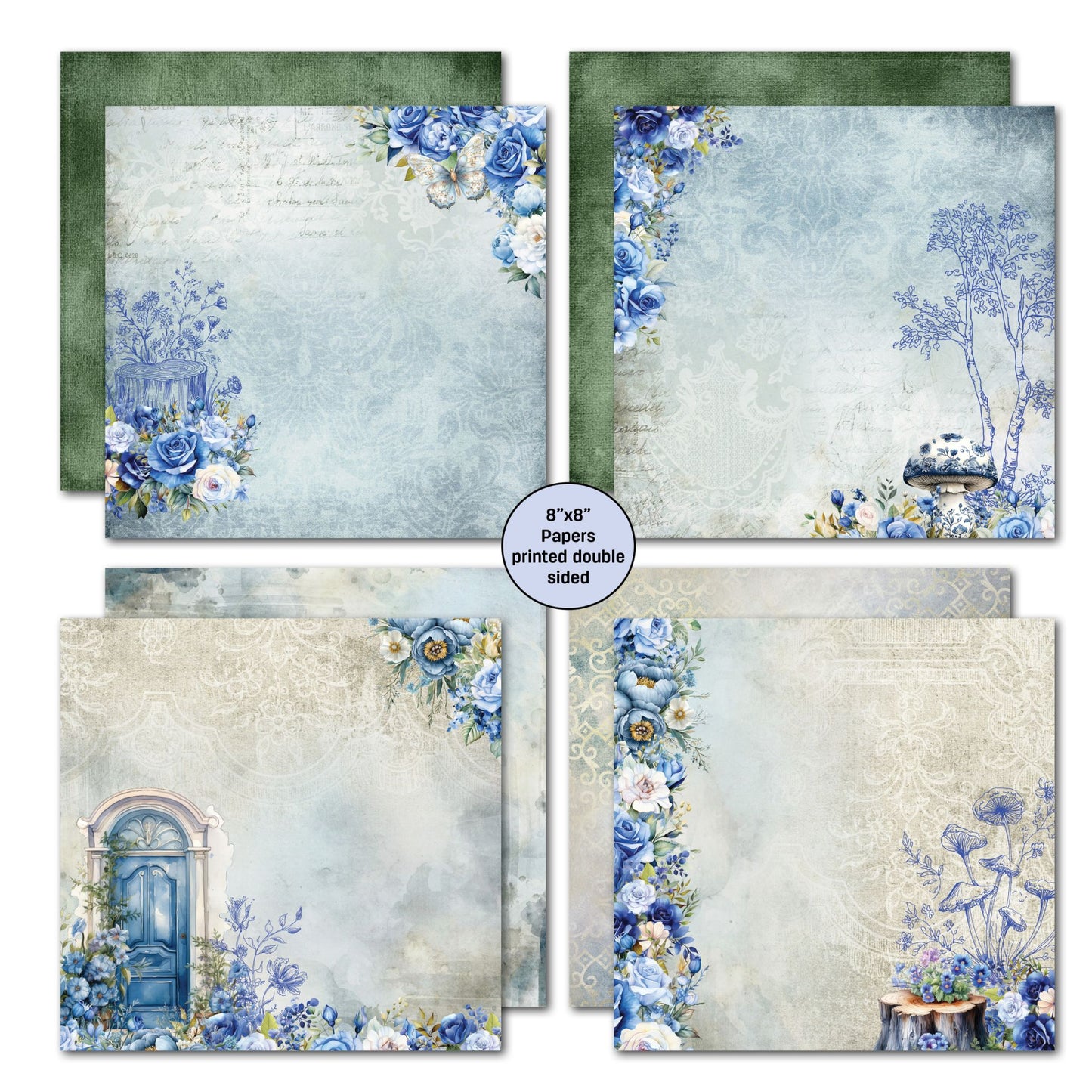 Twilight Ink double-sided 8x8 papers by 3Quarter Designs — soft blue and sage green ink-washed backgrounds with hand-drawn arched blue door, blue rose bouquet border, mushroom, birch tree, and garden with florals
