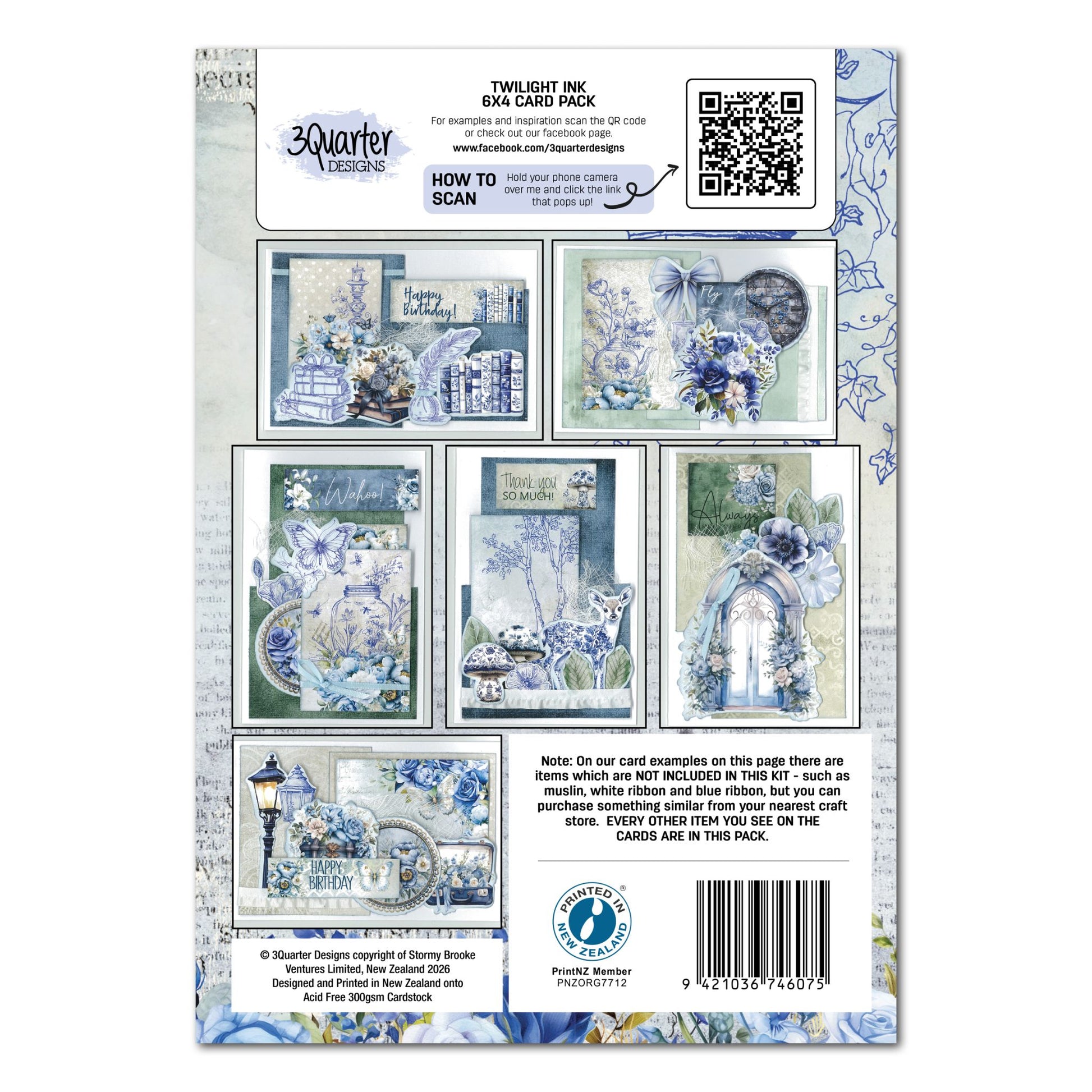 Twilight Ink 6x4 Card Making Kit by 3Quarter Designs — back cover showing six sample card layouts including Happy Birthday, Thank You So Much, Wahoo, and keepsake designs with blue roses, florals, and layered die-cut elements