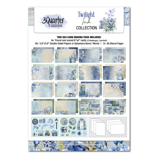 Twilight Ink 6x4 Card Making Kit by 3Quarter Designs — front cover showing papers in blue ink-wash with hand-drawn florals, birdcages, lanterns, and vintage elements in blue, sage green, and cream