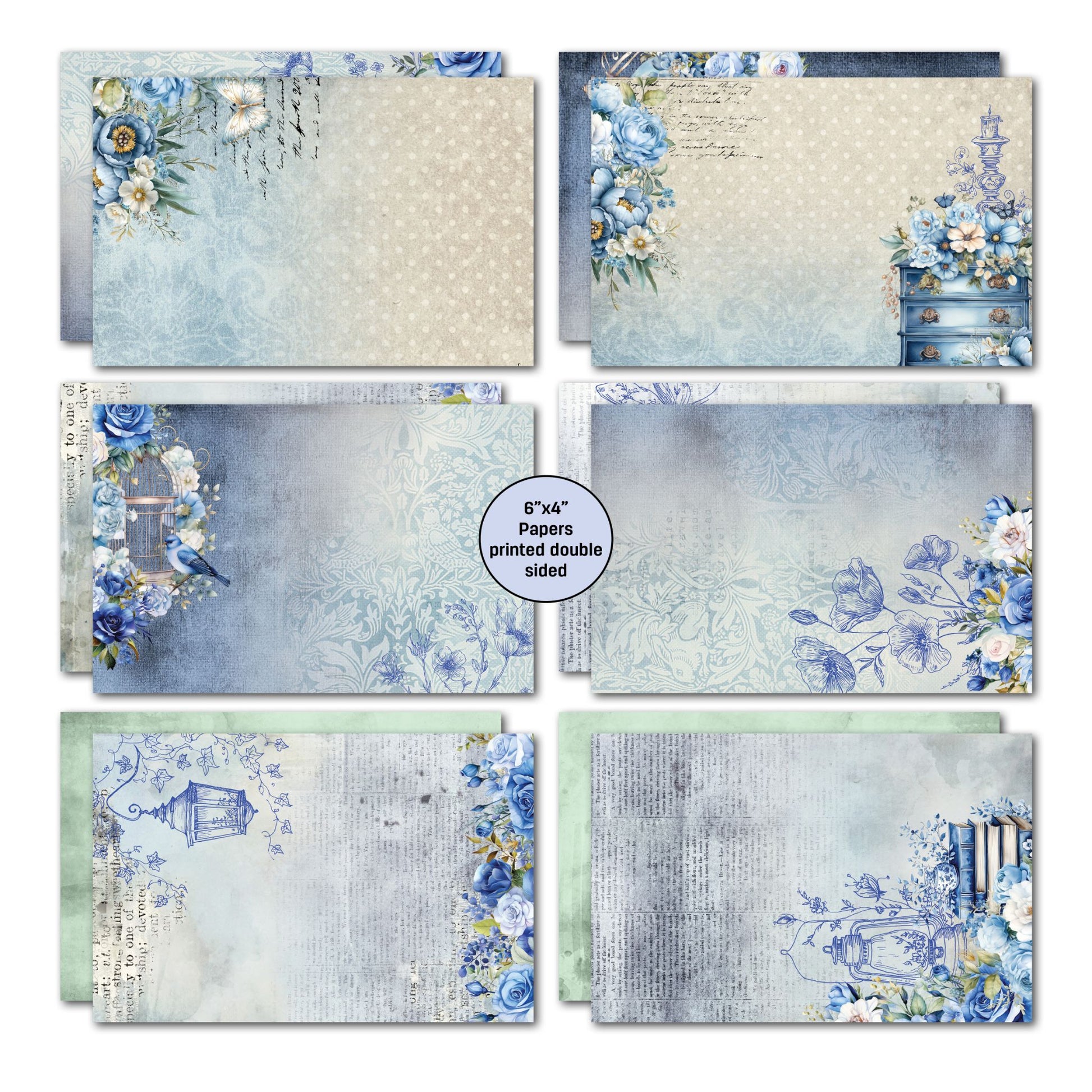 Twilight Ink 6x4 card making papers by 3Quarter Designs — double-sided 5.8x3.8 inch papers in blue and cream ink-washed backgrounds with blue roses, birdcage with bluebird, ornate dresser, and polka dot and damask reverses