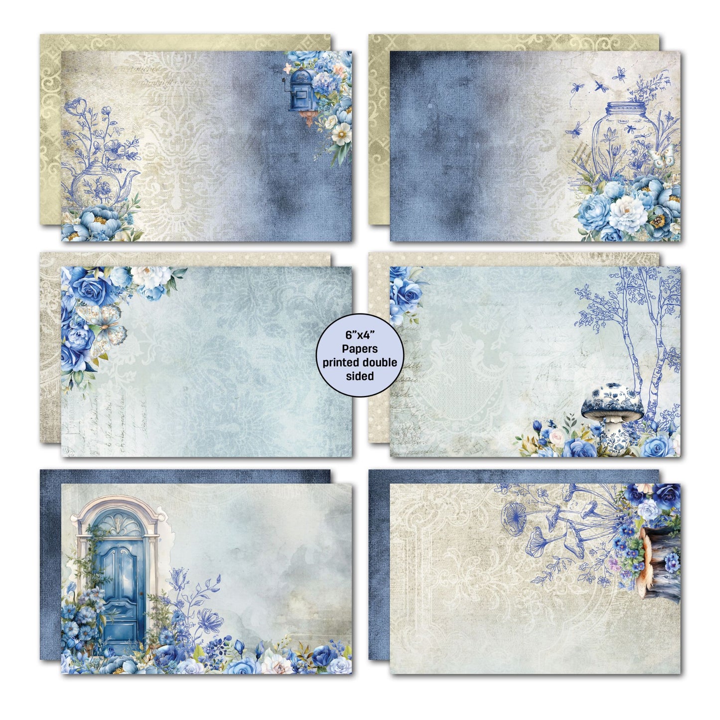 Twilight Ink 6x4 card making papers by 3Quarter Designs — double-sided 5.8x3.8 inch papers in blue, sage green, and midnight ink-washed backgrounds with arched blue door, mushroom, birch tree, mason jar with butterflies, and damask reverses; plus ephemera and sentiment strips