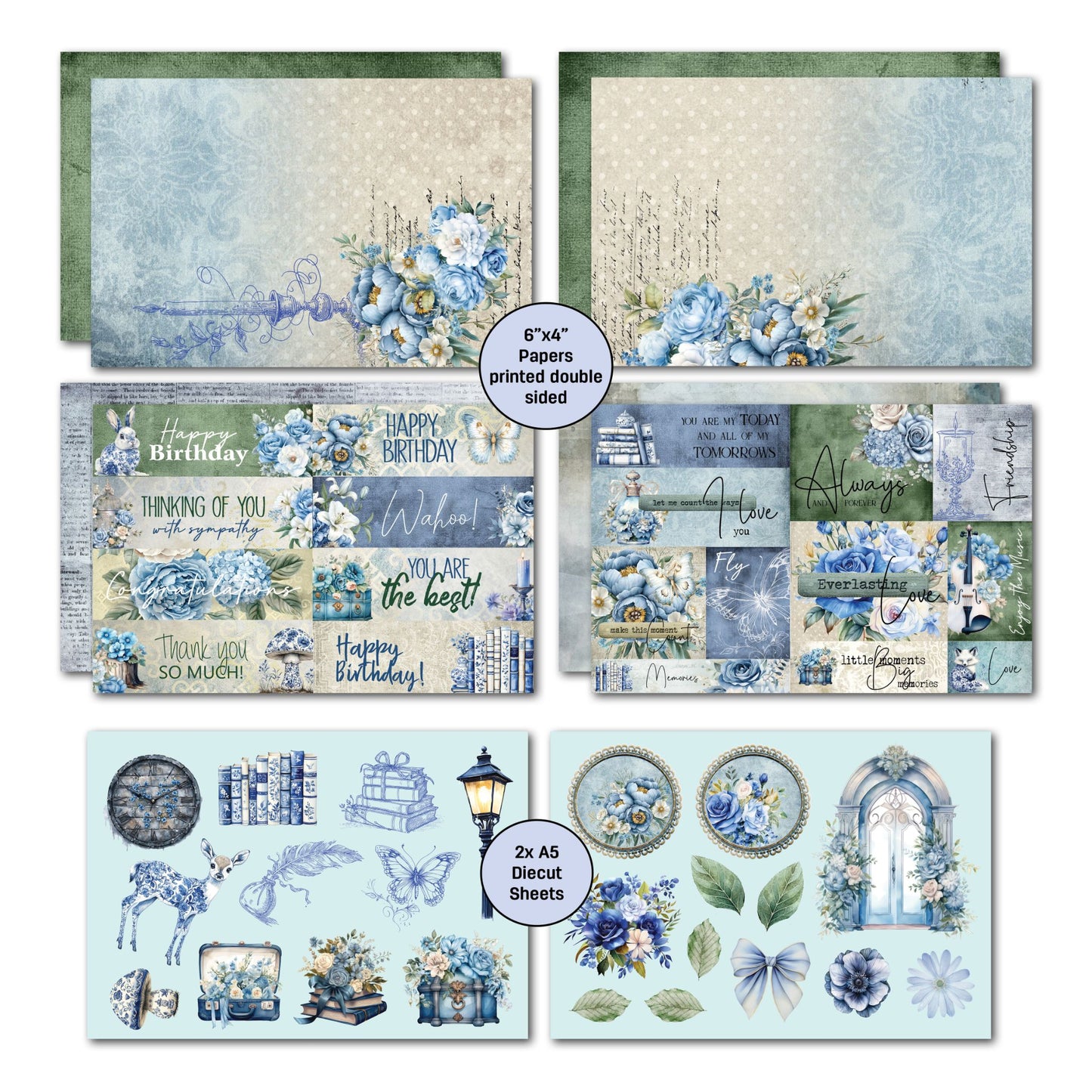 Twilight Ink card kit die-cut sheets and sentiment strips by 3Quarter Designs — two A5 die-cut sheets with vintage clock, stacked books, street lantern, floral deer, butterfly, suitcase, pearl-framed cameo, arched window, blue rose bouquet, bow, anemone, and daisy; plus sentiment strips including Happy Birthday, Thank You So Much, Thinking of You, and poetic quotes