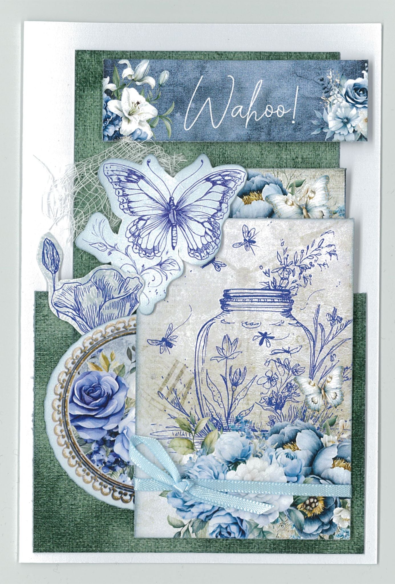 Twilight Ink 6x4 Card Making Kit by 3Quarter Designs — portrait "Wahoo!" card with hand-drawn butterfly die-cut, mason jar line art, pearl-framed blue rose cameo, and layered blue florals on sage green background