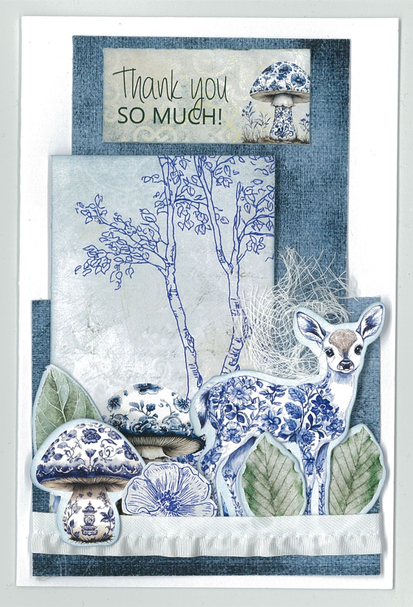 Twilight Ink 6x4 Card Making Kit by 3Quarter Designs — portrait "Thank You So Much" card with floral deer die-cut, blue and white mushrooms, hand-drawn birch trees, and green leaves on a midnight blue background