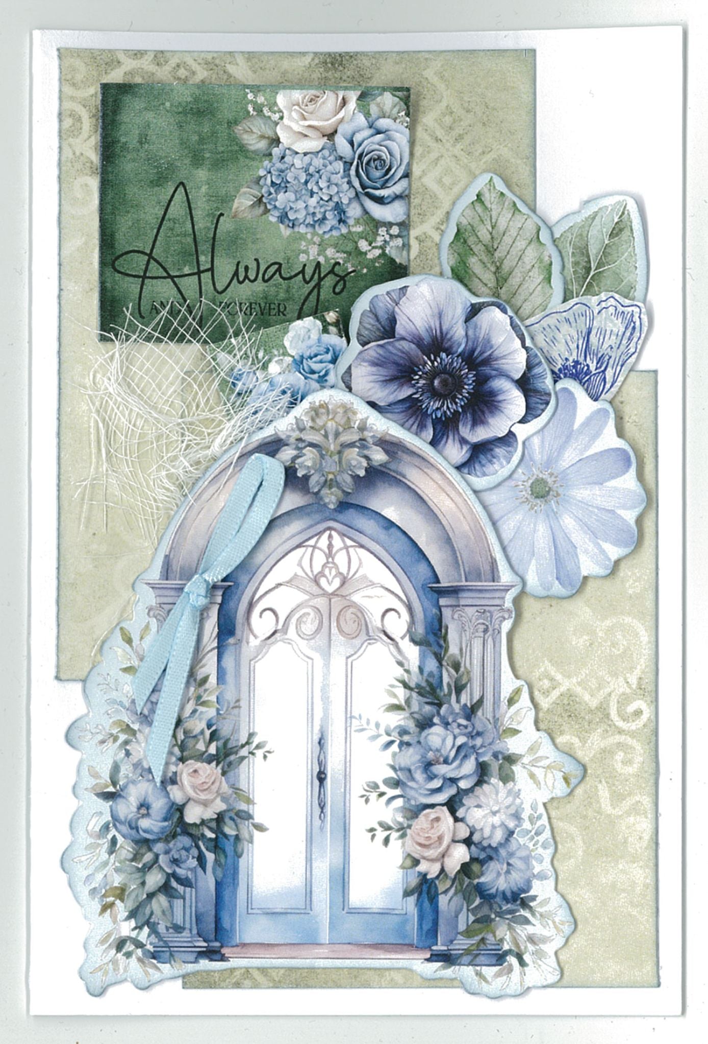 Twilight Ink 6x4 Card Making Kit by 3Quarter Designs — portrait Always and Forever card with ornate arched doorway die-cut, dark blue anemone, white daisy, blue roses, and green leaves on sage damask background