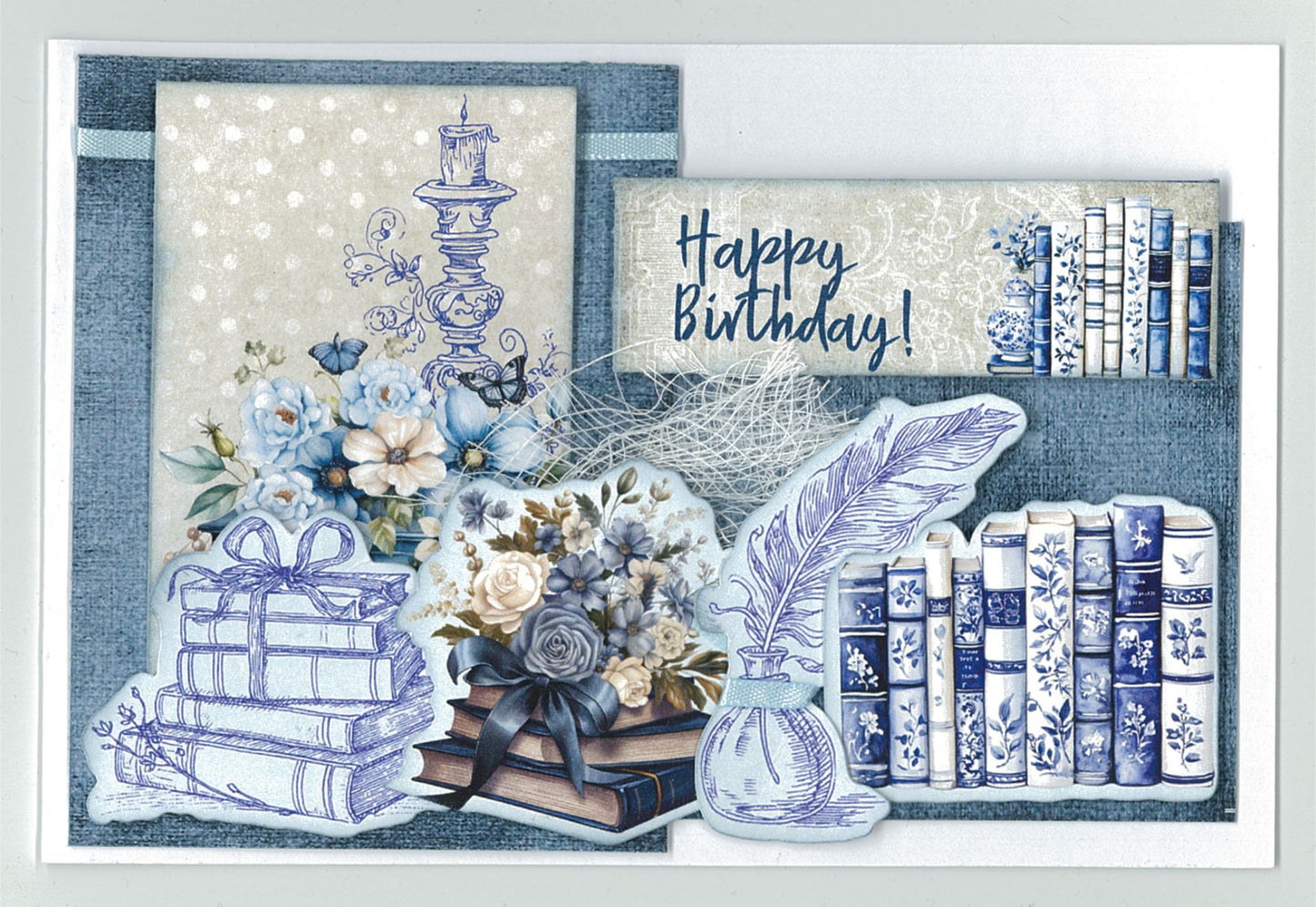 Twilight Ink 6x4 Card Making Kit by 3Quarter Designs — landscape Happy Birthday card with stacked books die-cuts, feather quill, ink pot, blue and white bookcase, floral bouquet on stacked books, and candlestick line art on midnight blue background