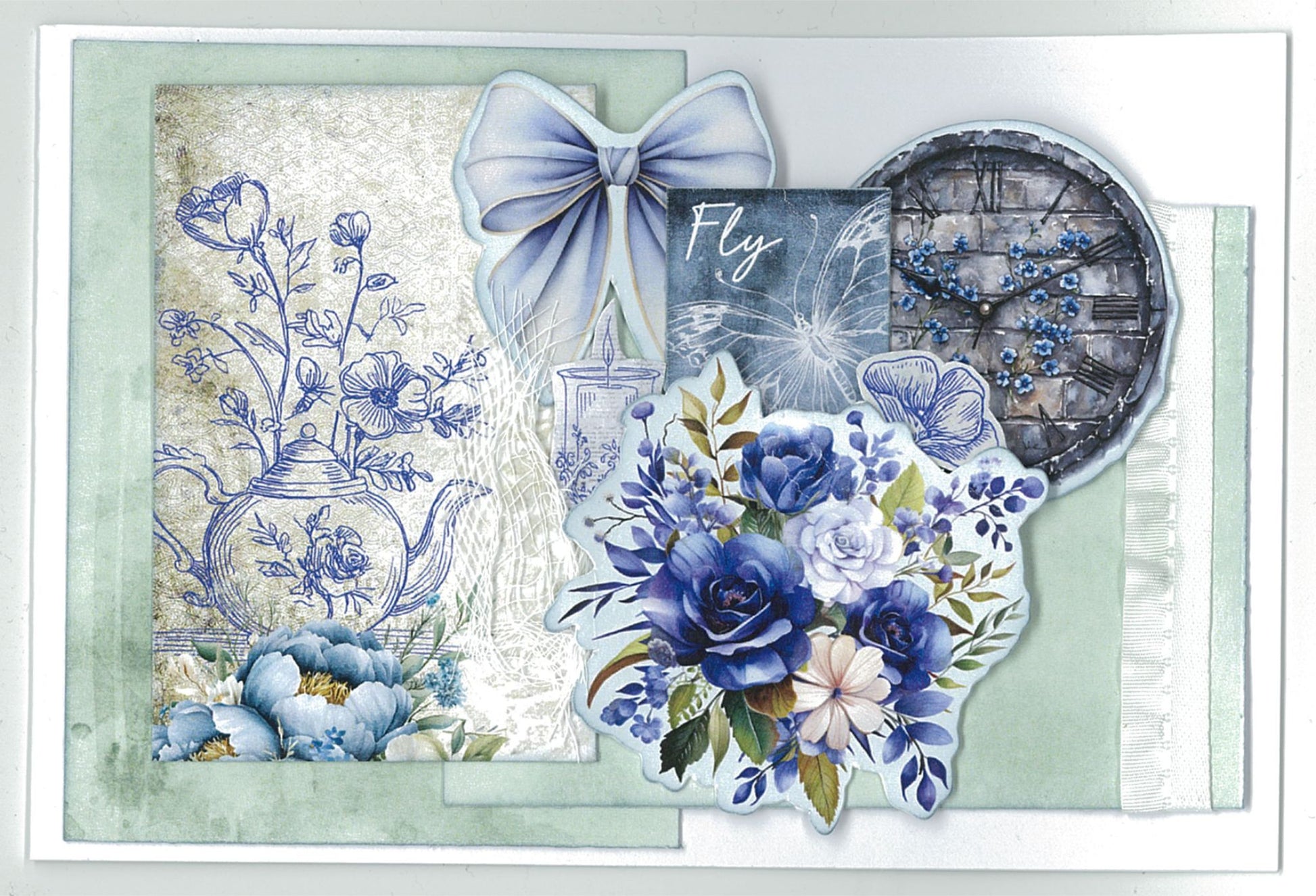 Twilight Ink 6x4 Card Making Kit by 3Quarter Designs — landscape Fly card with blue bow die-cut, vintage clock, blue rose bouquet, hand-drawn teapot line art, and blue peony on sage green and cream background