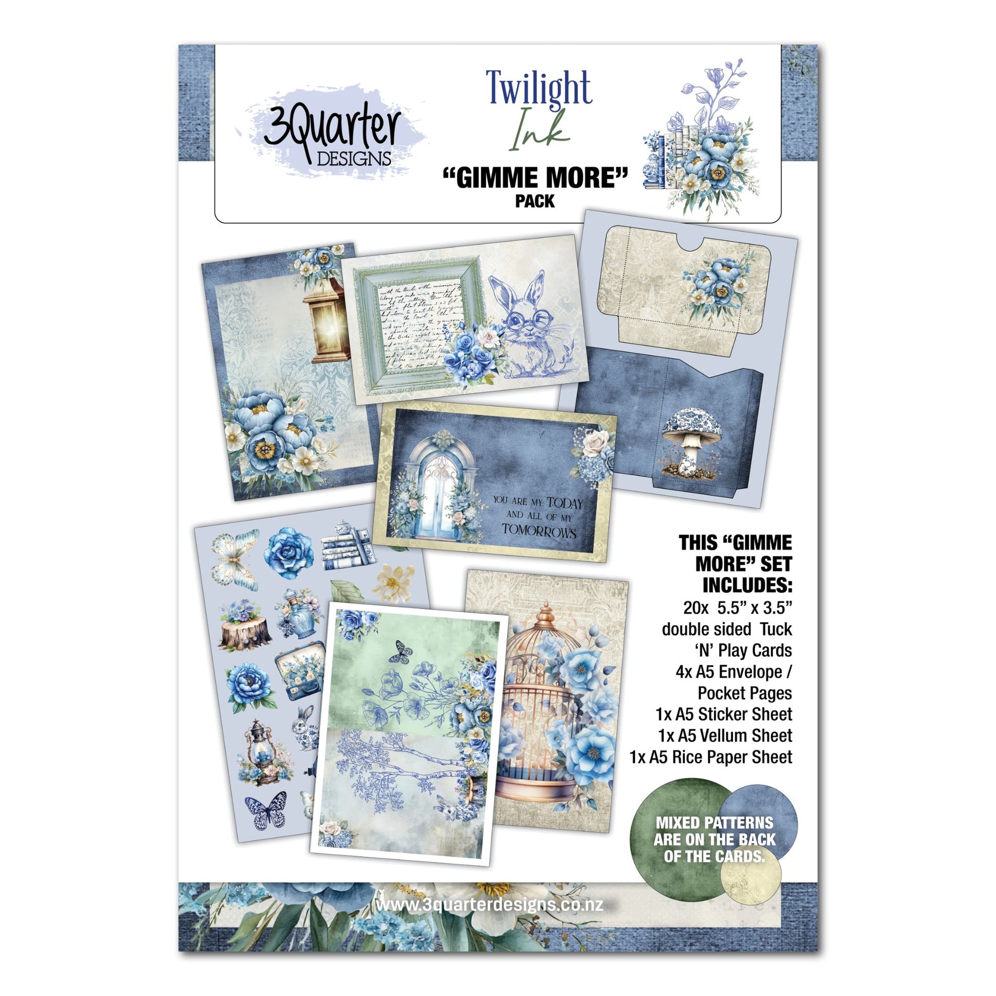 Twilight Ink Gimme More Pack by 3Quarter Designs — front cover showing Tuck N Play cards, envelope pages, sticker sheet, vellum, and rice paper in blue ink-wash with hand-drawn florals and decorative elements