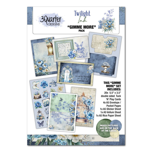Twilight Ink Gimme More Pack by 3Quarter Designs — front cover showing Tuck N Play cards, envelope pages, sticker sheet, vellum, and rice paper in blue ink-wash with hand-drawn florals and decorative elements
