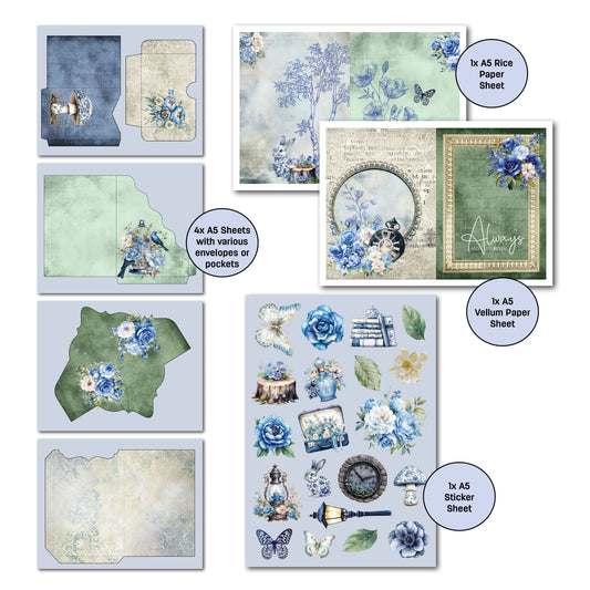 Twilight Ink Gimme More extras by 3Quarter Designs — 4 A5 envelope and pocket pages, A5 sticker sheet with blue roses, lantern, clock, mushroom, butterfly and birdcage, plus A5 vellum and rice paper sheets with Twilight Ink floral scenes