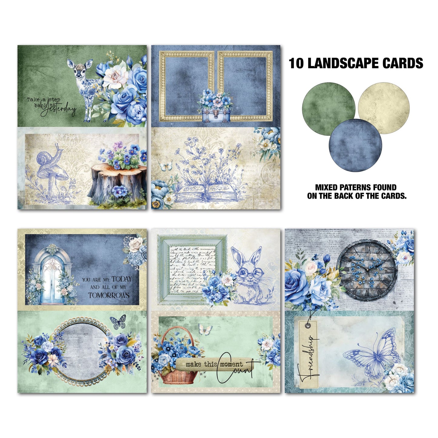 Twilight Ink Gimme More landscape Tuck N Play cards by 3Quarter Designs — 10 double-sided 5.5x3.5 inch cards featuring floral fawn, arched blue doorway, pearl oval frame, illustrated rabbit, vintage clock, flower basket, and blue rose birdcage designs in blue and sage green