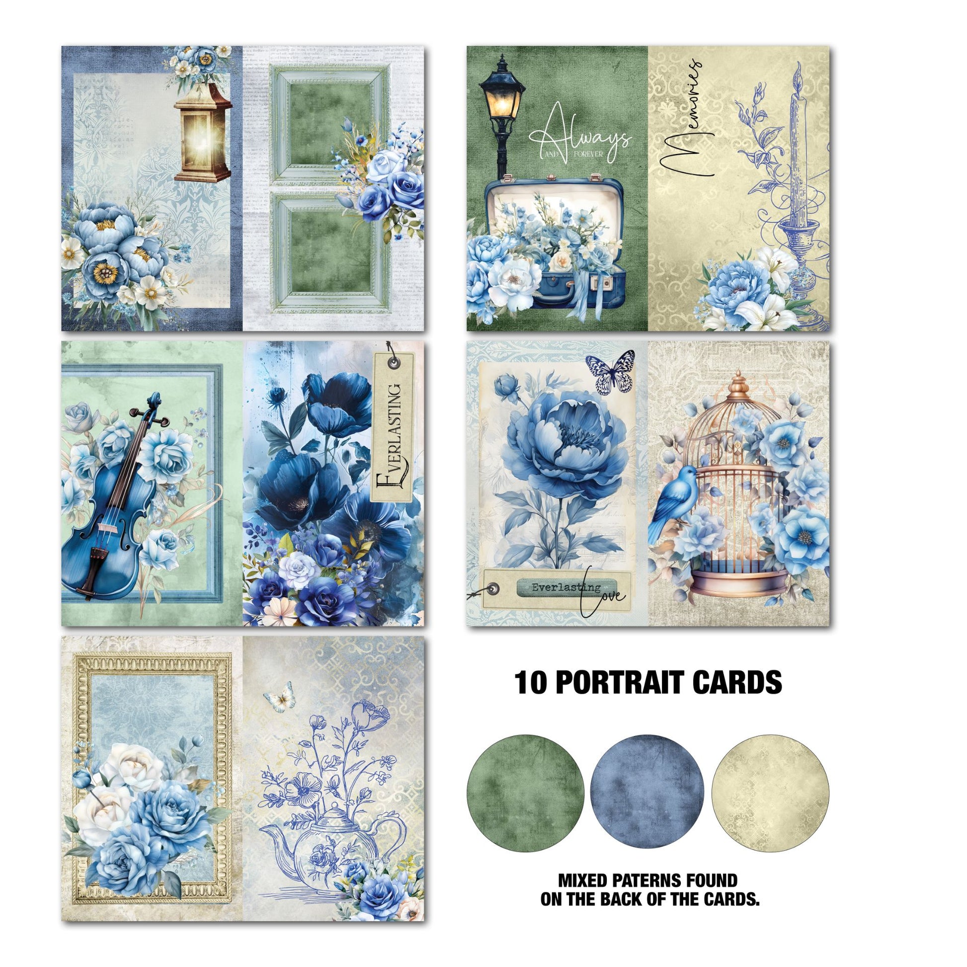 Twilight Ink Gimme More portrait Tuck N Play cards by 3Quarter Designs — 10 double-sided 5.5x3.5 inch cards featuring glowing street lantern, blue violin, dark anemones, ornate birdcage with bluebird, gold frame with roses, and hand-drawn teapot designs in blue, midnight, and sage green