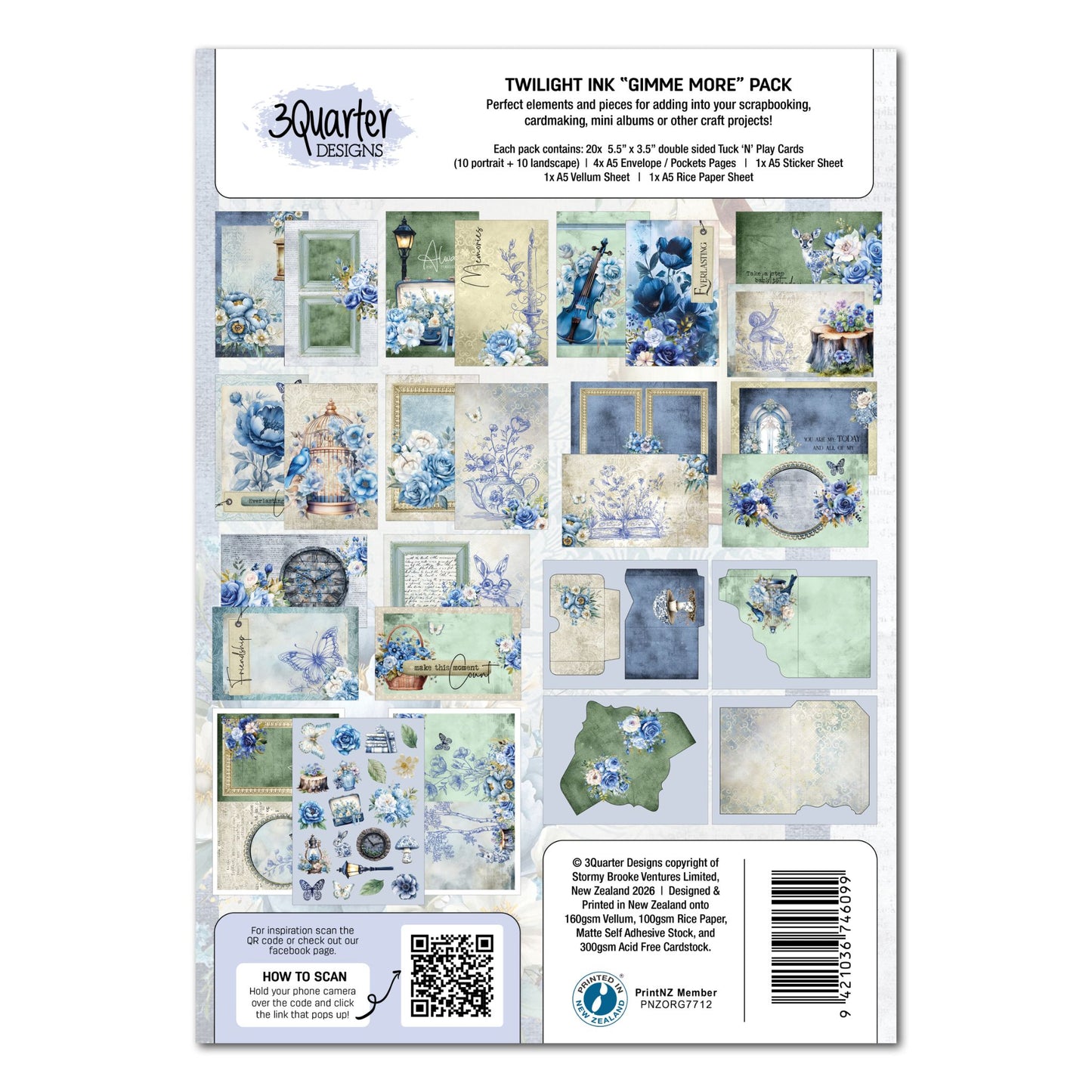 Twilight Ink Gimme More Pack by 3Quarter Designs — back cover showing all 20 Tuck N Play card designs, envelope pages, sticker sheet, and full pack contents list