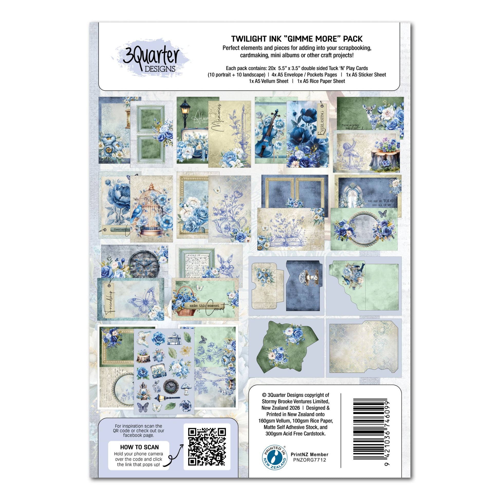 Twilight Ink Gimme More Pack by 3Quarter Designs — back cover showing all 20 Tuck N Play card designs, envelope pages, sticker sheet, and full pack contents list
