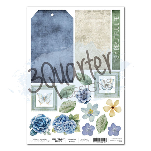 Twilight Ink Mini Project Sheet A4 by 3Quarter Designs — fussy cut elements including midnight blue distressed tag, cream embossed panel, "It's a Beautiful Life" sentiment strip, two framed butterfly illustrations, four green leaves, blue rose, blue hydrangea, dark blue anemone, white anemone, yellow daisy, and two small purple violets