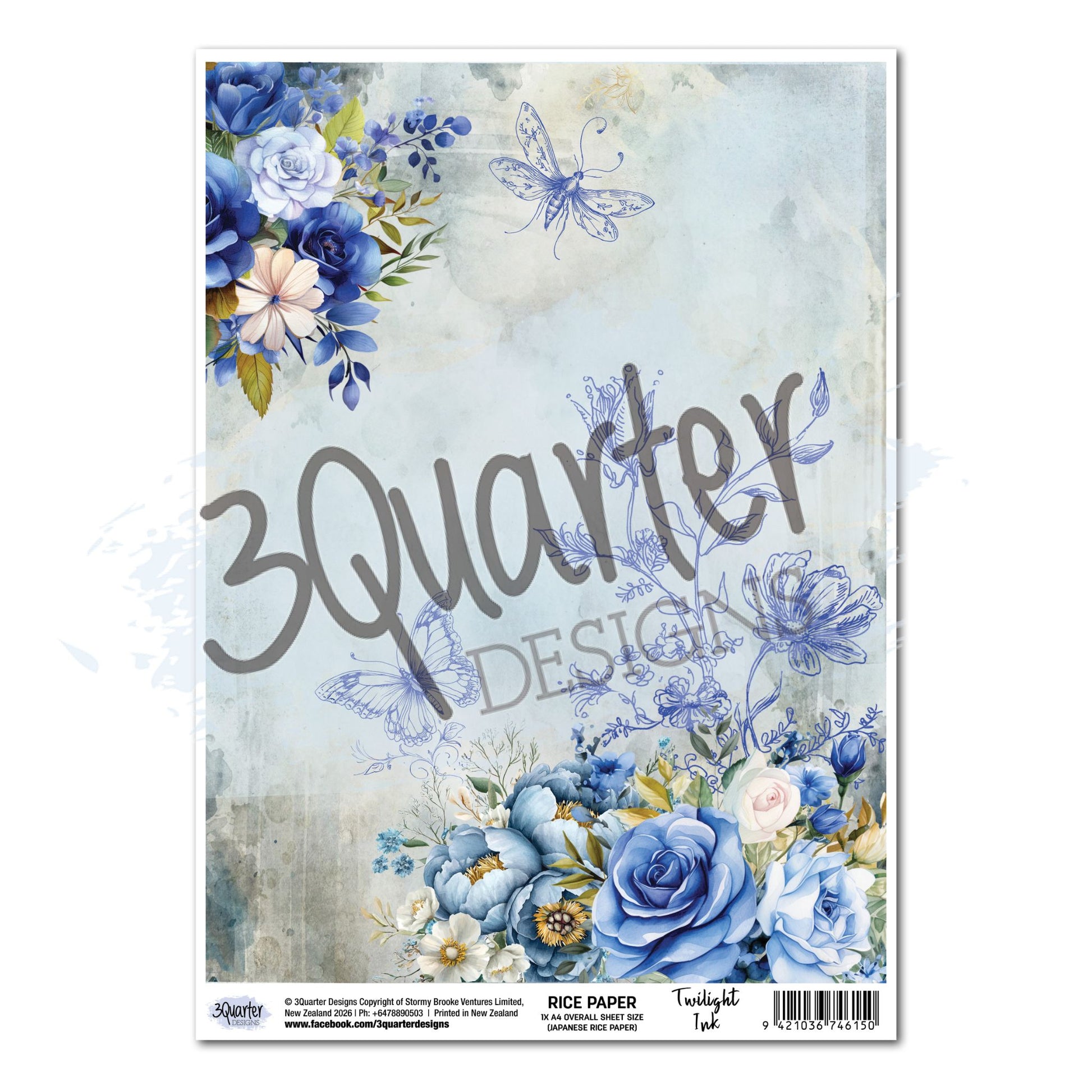Twilight Ink A4 Japanese Rice Paper by 3Quarter Designs — full-bleed soft blue ink-washed background with watercolour blue roses, peonies, and white florals in corners, and hand-drawn butterfly and botanical line work in the centre