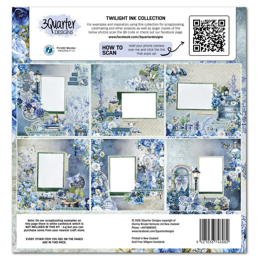 Twilight Ink 12x12 Scrapbook Collection Kit by 3Quarter Designs — back cover showing six sample scrapbook layouts with blue roses, street lanterns, arched doorways, foxes, deer, and floral die-cuts on blue and sage green backgrounds