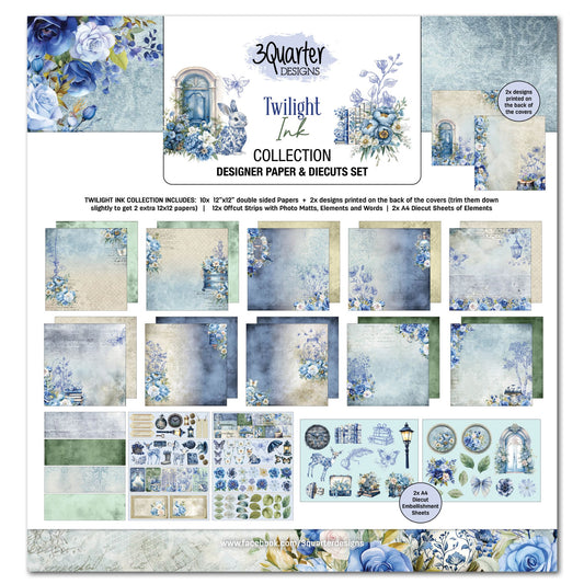Twilight Ink 12x12 Scrapbook Collection Kit by 3Quarter Designs — front cover showing Designer Paper and Diecuts Set with 10 double-sided 12x12 papers, 12 off-cut strips, and 2 A4 die-cut embellishment sheets in blue, sage green, and cream