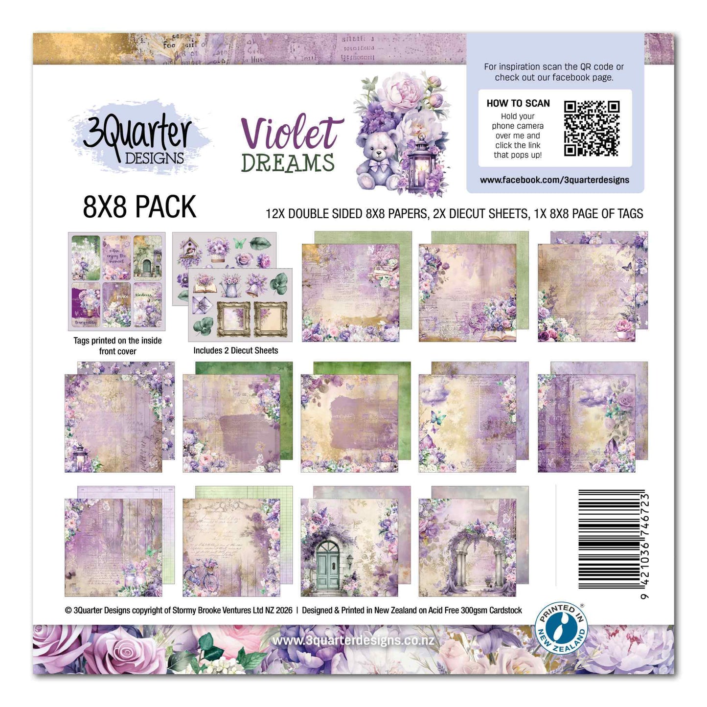 Violet Dreams 8x8 Paper Pack by 3Quarter Designs — front cover showing all 12 double-sided papers, 2 die-cut sheets and 6 sentiment tags in purple, lavender, cream and sage green