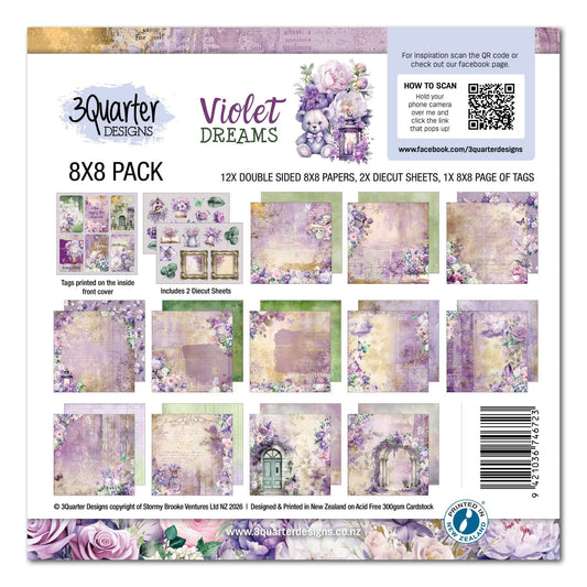Violet Dreams 8x8 Paper Pack by 3Quarter Designs — front cover showing all 12 double-sided papers, 2 die-cut sheets and 6 sentiment tags in purple, lavender, cream and sage green