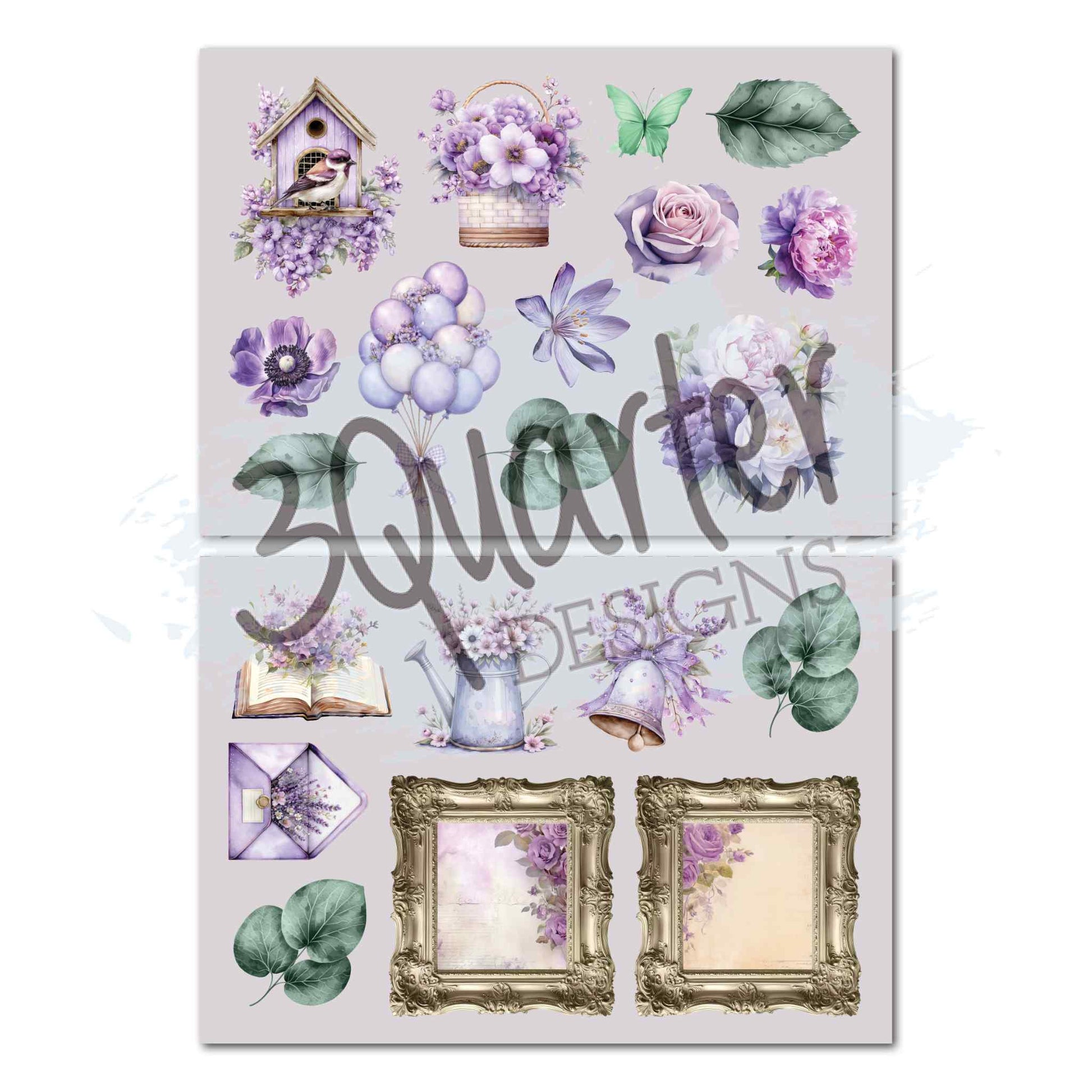 Violet Dreams die-cut sheets — birdhouse with sparrow, flower basket, teal butterfly, purple anemone, balloon bunch, open book, vase of flowers, bell, lavender envelope, eucalyptus leaves and two ornate gold frames with floral inserts