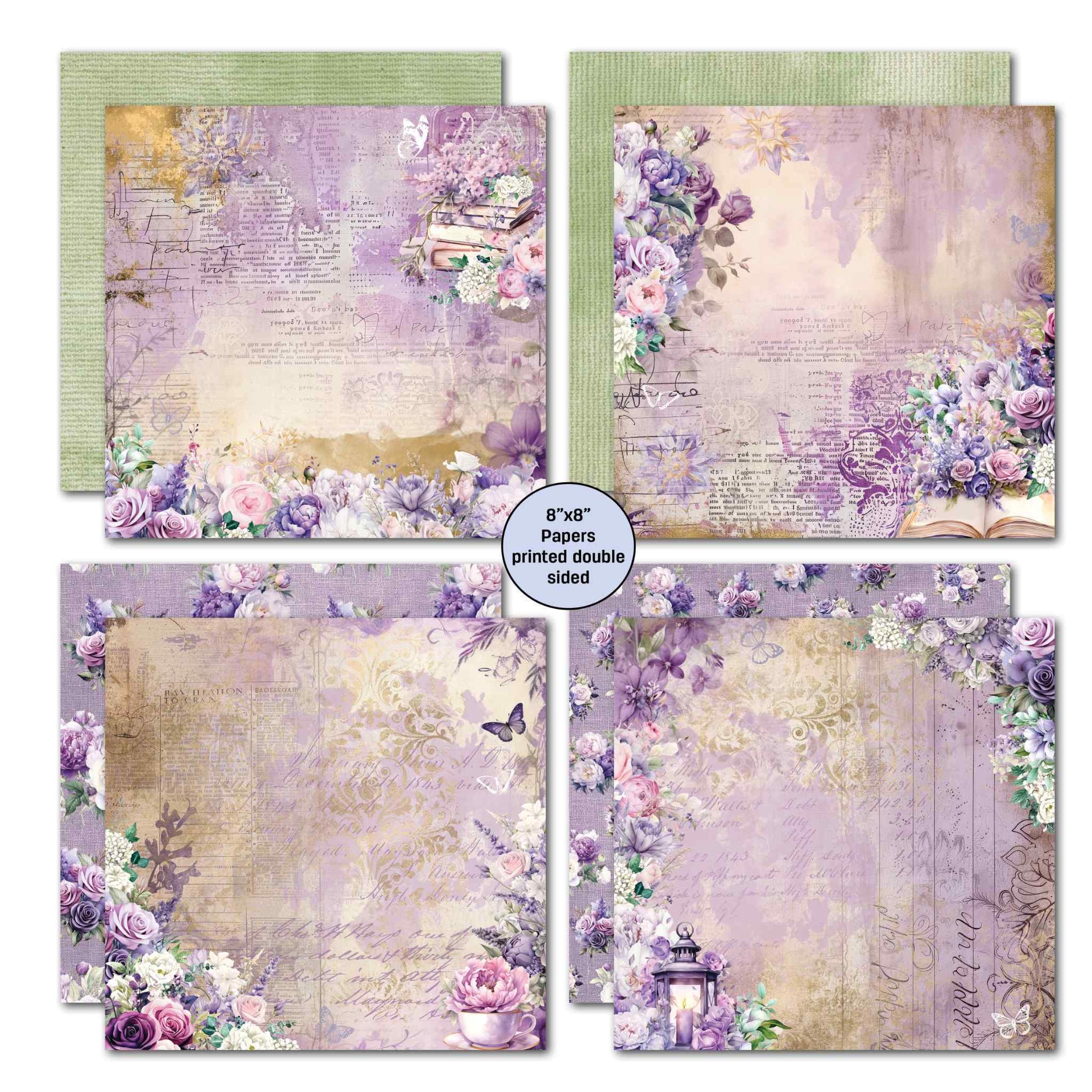 Violet Dreams 8x8 double-sided papers — stacked books on vintage script with gold wash, purple roses on aged script with open book, teacup with roses on lavender script, and glowing lantern on striped script with purple rose border