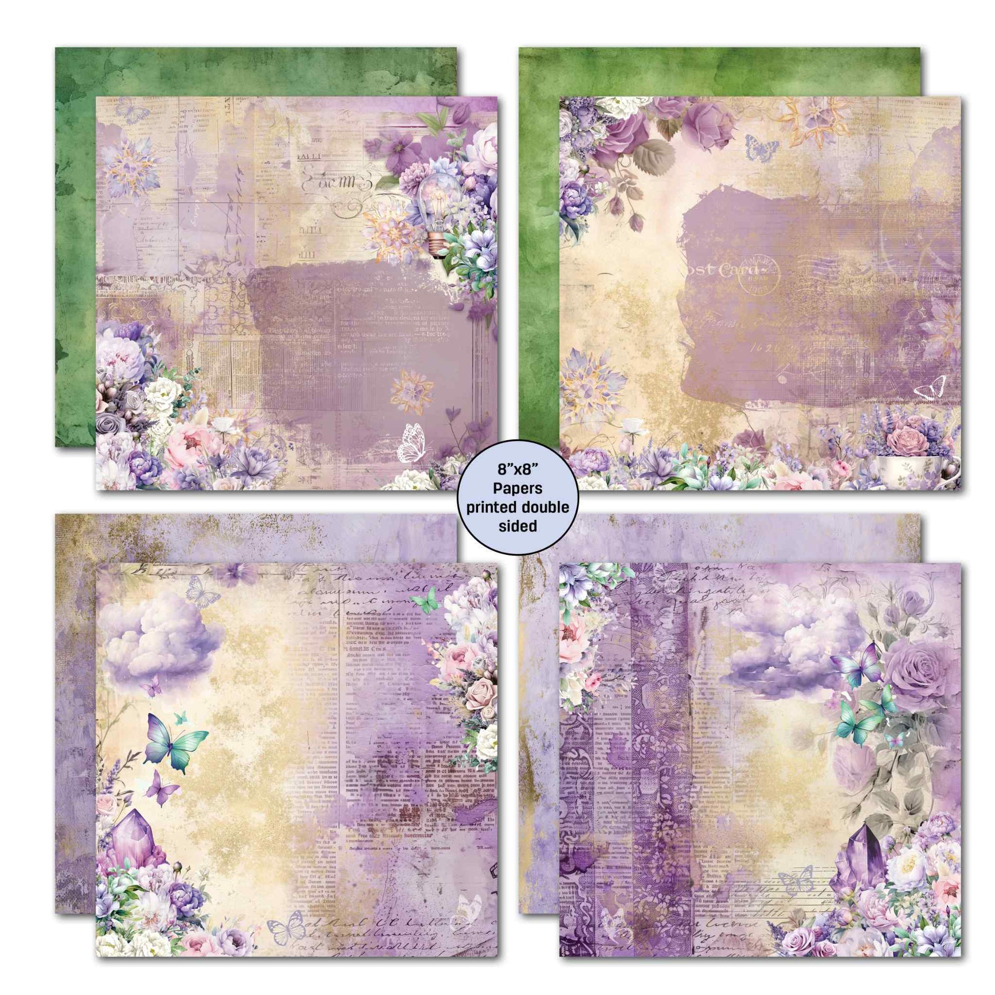 Violet Dreams 8x8 double-sided papers — light bulb with purple florals on postcard and music sheet background, postcard-style with purple silhouette, amethyst crystals with teal butterflies on newsprint clouds, and crystal with teal butterfly on striped newsprint