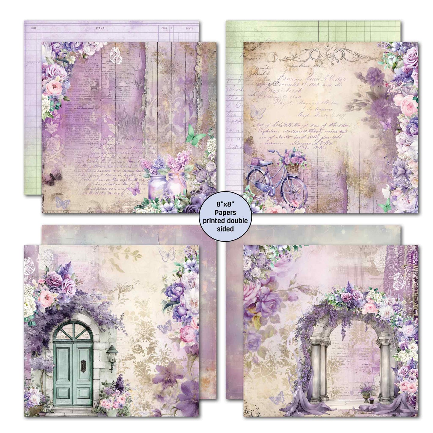 Violet Dreams 8x8 double-sided papers — mason jars with flowers on purple wood planks, vintage bicycle with flower basket on handwritten script, teal arched door with cascading purple roses, and stone archway with wisteria and rose garland