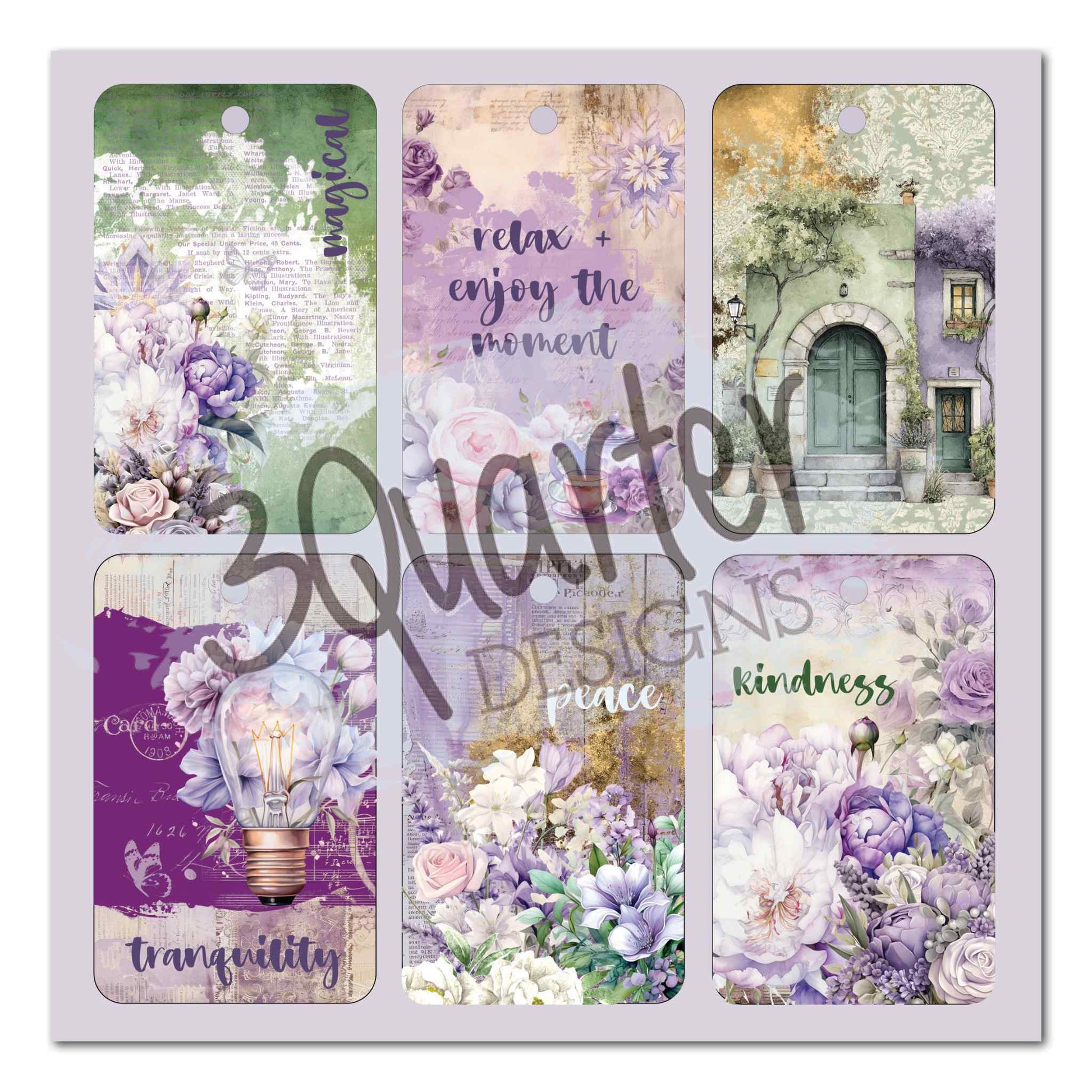 Violet Dreams 8x8 sentiment tag sheet — six tags reading Magical, Relax + Enjoy the Moment, Tranquility, Peace and Kindness with purple floral, crystal and cottage door designs