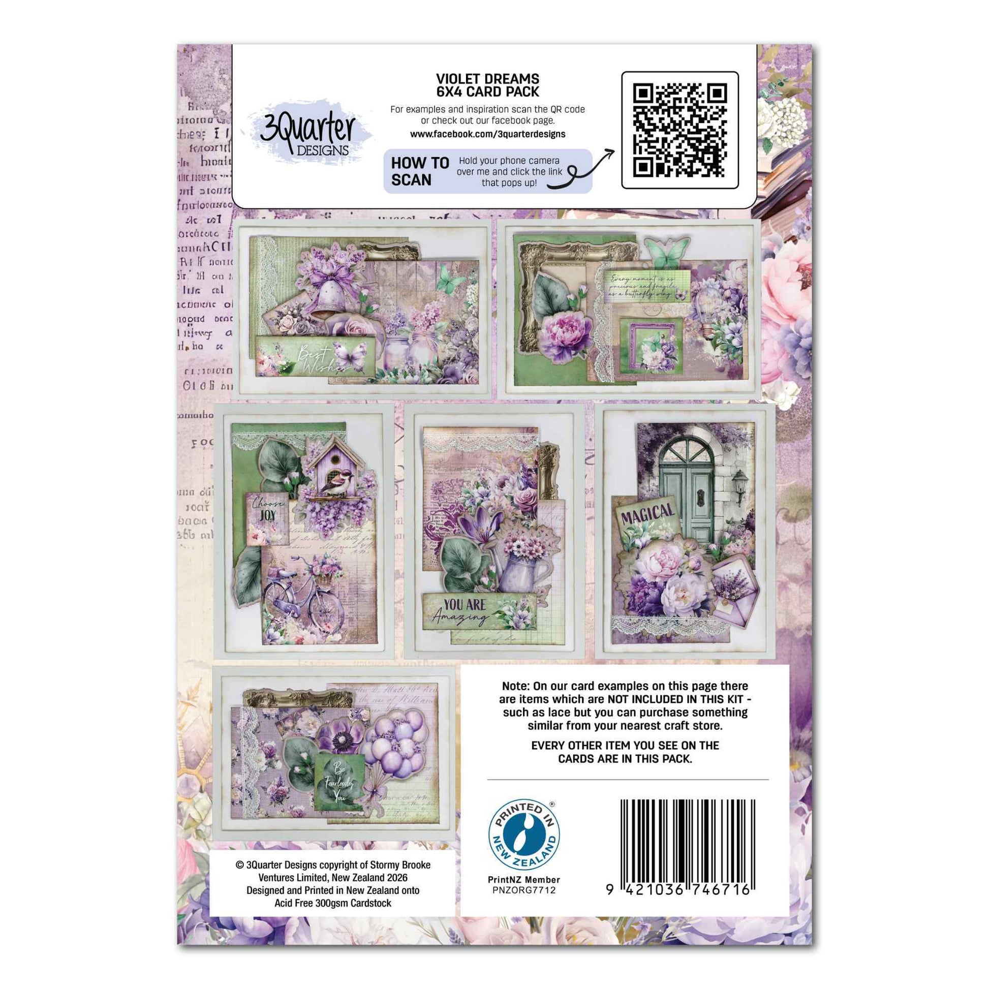 Violet Dreams 6x4 Card Making Kit back cover showing six completed handmade card examples featuring purple florals, birdhouses, teal door and garden scenes