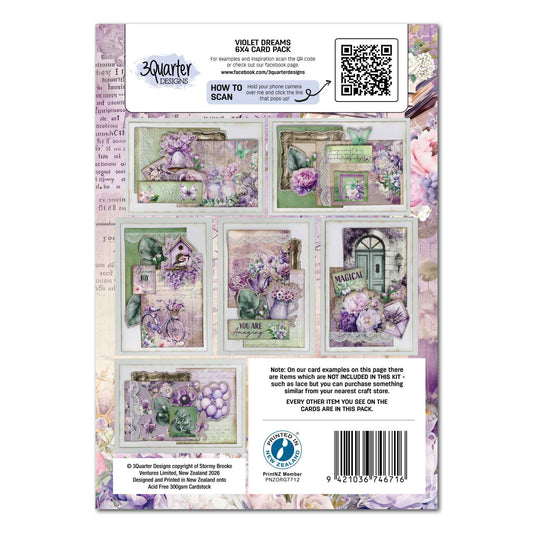 Violet Dreams 6x4 Card Making Kit back cover showing six completed handmade card examples featuring purple florals, birdhouses, teal door and garden scenes